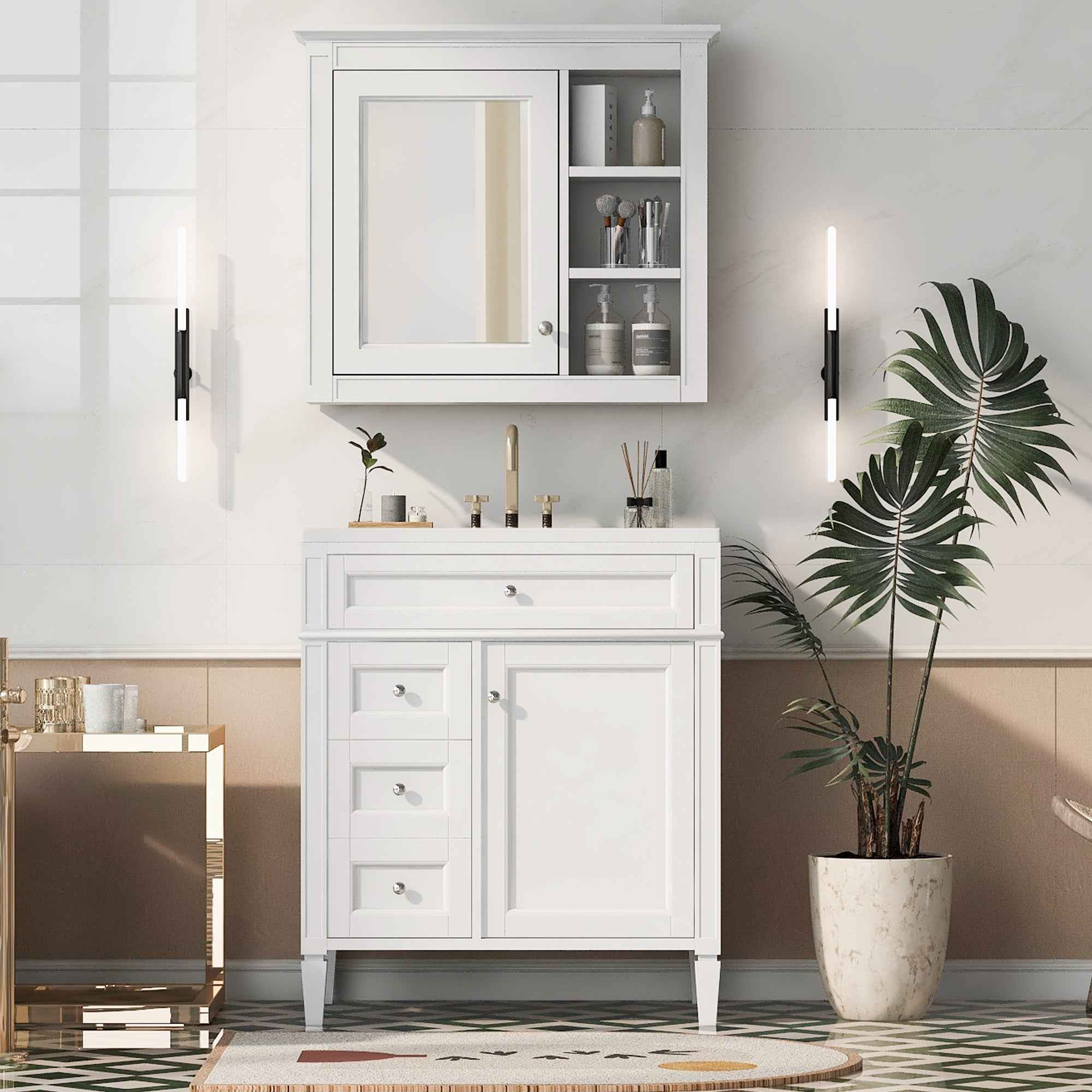 Modern 30'' Bathroom Vanity with Top Sink, White Freestanding Storage Cabinet with 2 Drawers and Tip-out Drawer, Mirror Cabinet Combo, Solid Wood + MDF Frame, Ceramic Undermount Sink