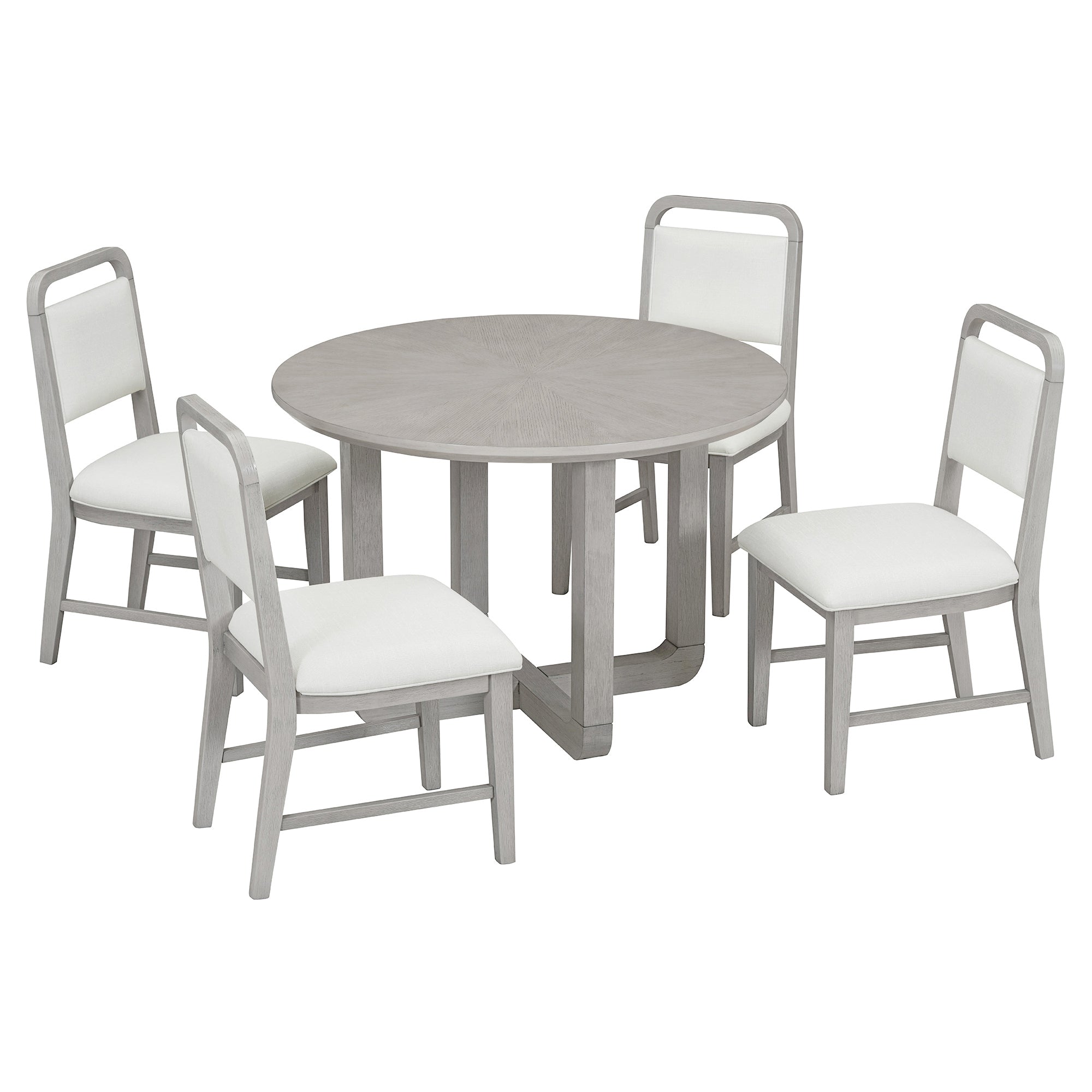 TREXM 5-Piece Retro Dining Set, Round Table Top with Radial Wood Grain Design and 4 Upholstered Chairs for Dining Room and Kitchen (Antique Gray)