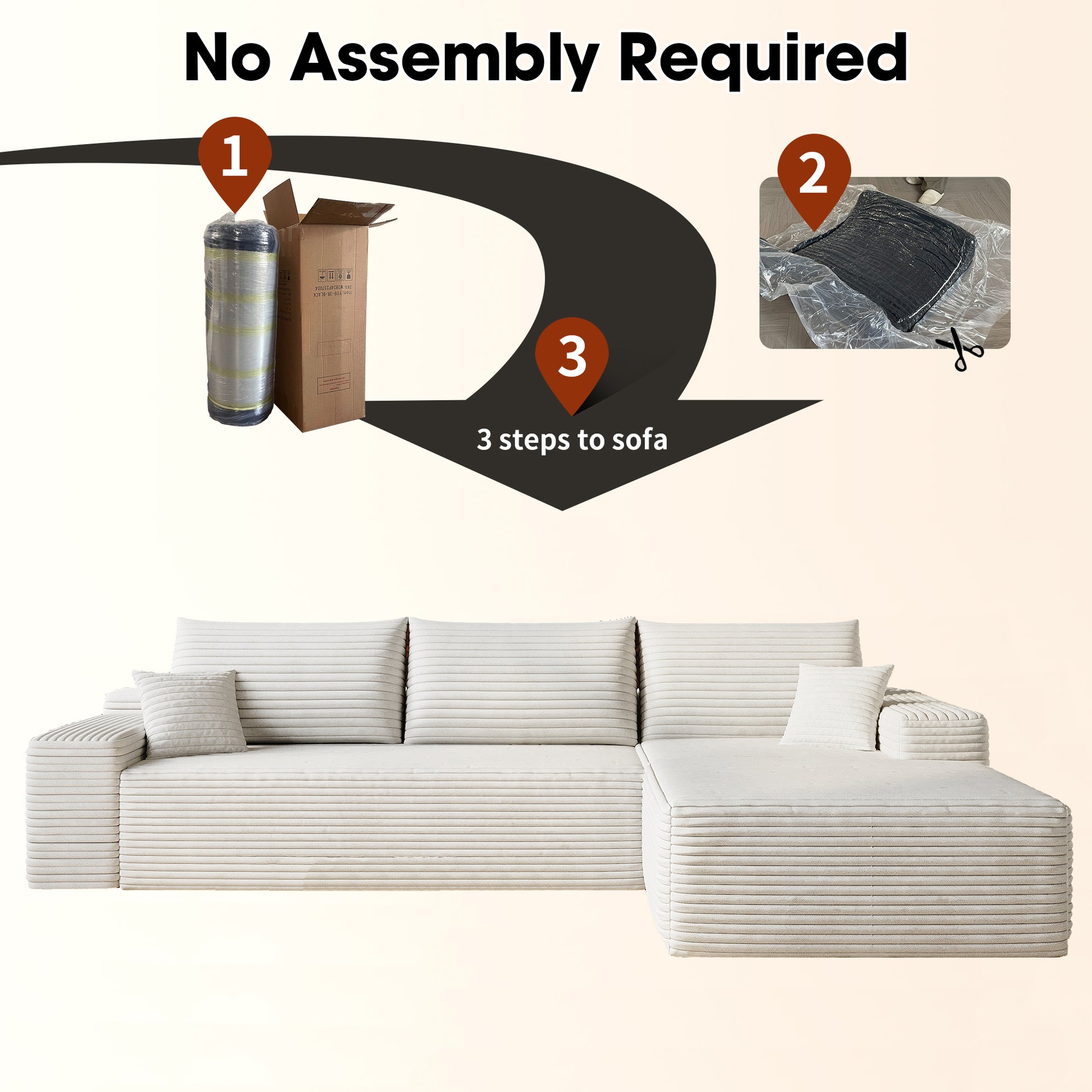 107' Cloud Sectional Couch with L-Shape Chaise,Modern Modular Sofa with Deep Seat, Upholstered Couches for Living Room Bedroom,No Assembly Required, (Plush Corduroy Fabric),White - Abrihome