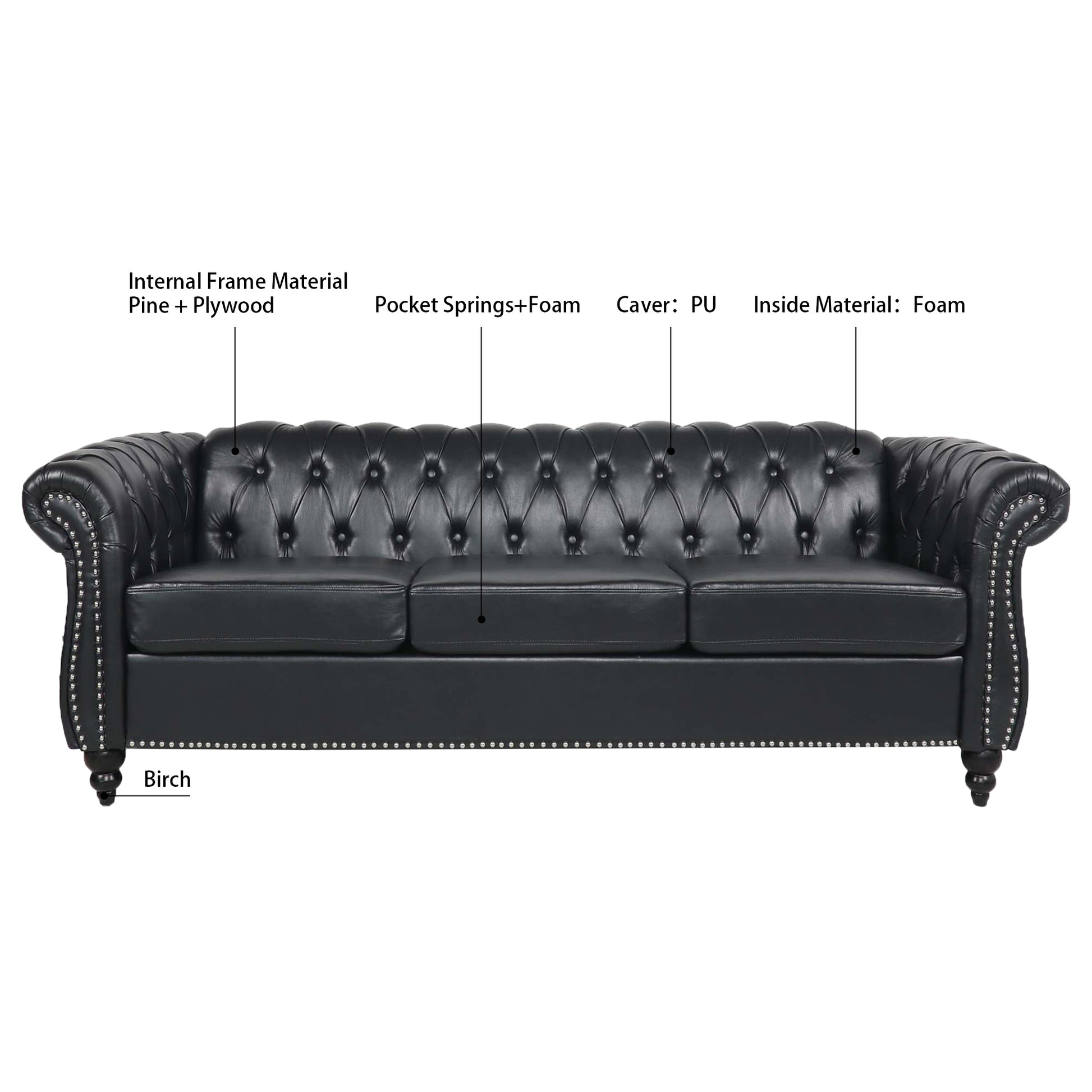 84.65" BLACK PU Rolled Arm Chesterfield Three Seater Sofa. - Abrihome