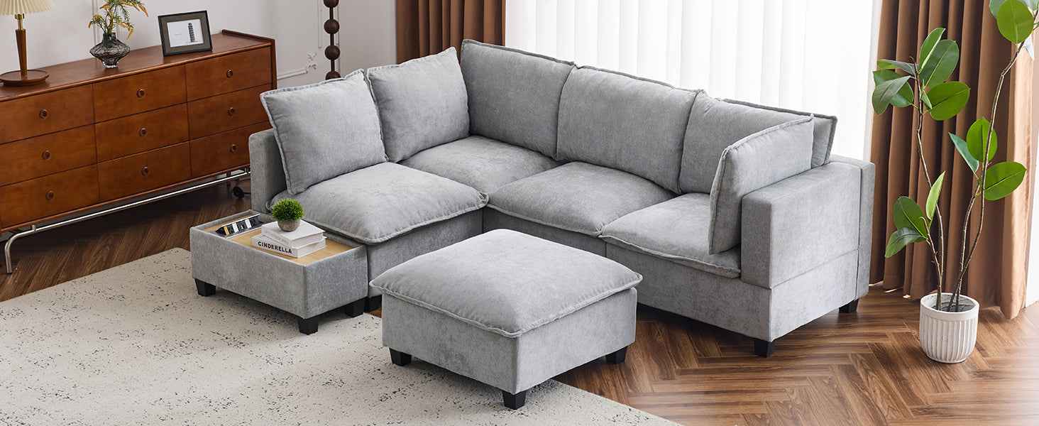 Modular 90' U-shaped Sectional Sofa with Movable Ottoman and Hidden Charging Coffee Table, Grey, Chenille