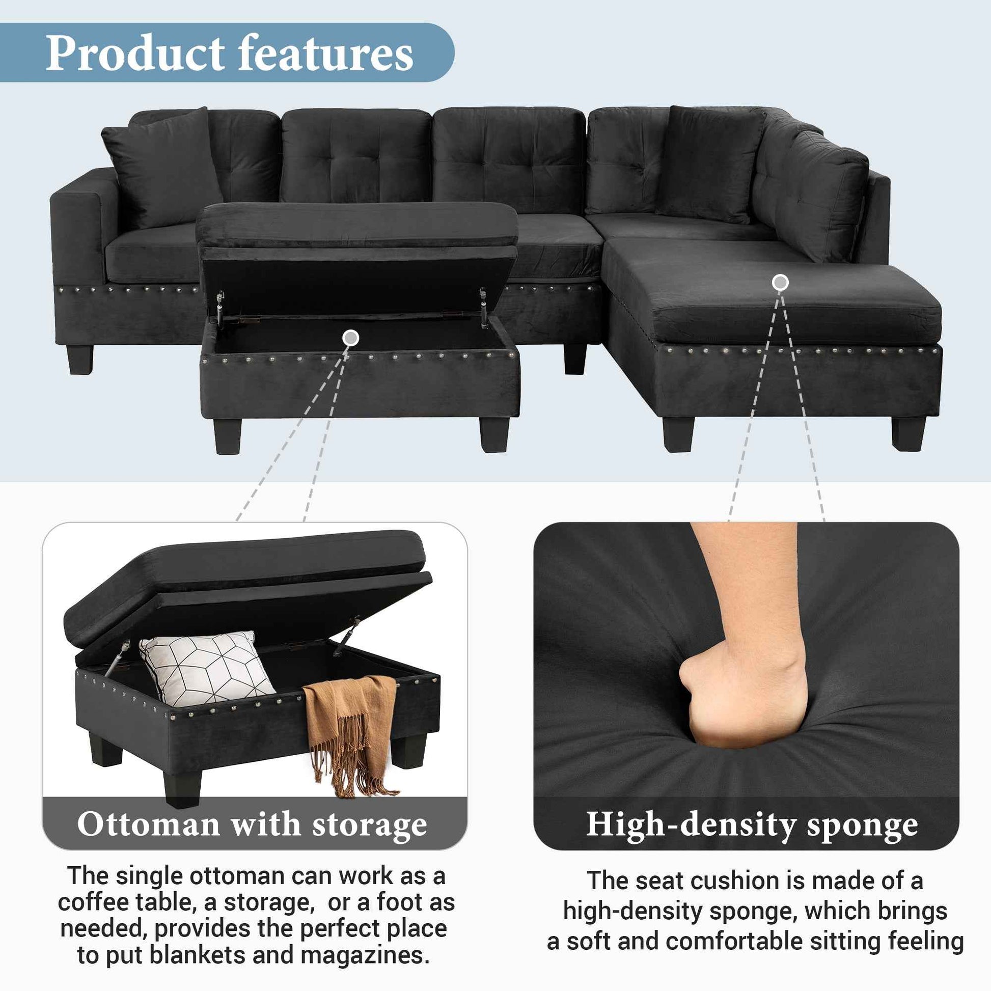 Modern Sectional Sofa with Storage Ottoman, L-Shape Couch with 2 Pillows and Cup Holders, Black Velvet, 105'