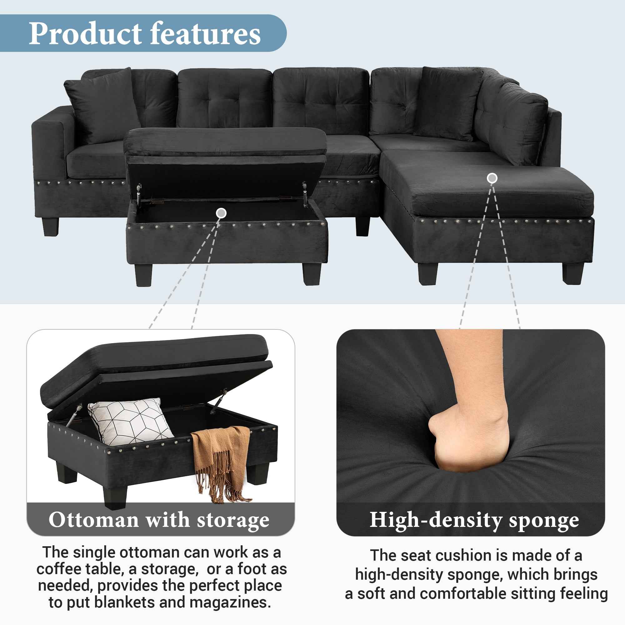 Modern Sectional Sofa with Storage Ottoman, L-Shape Couch with 2 Pillows and Cup Holders, Black Velvet, 105'