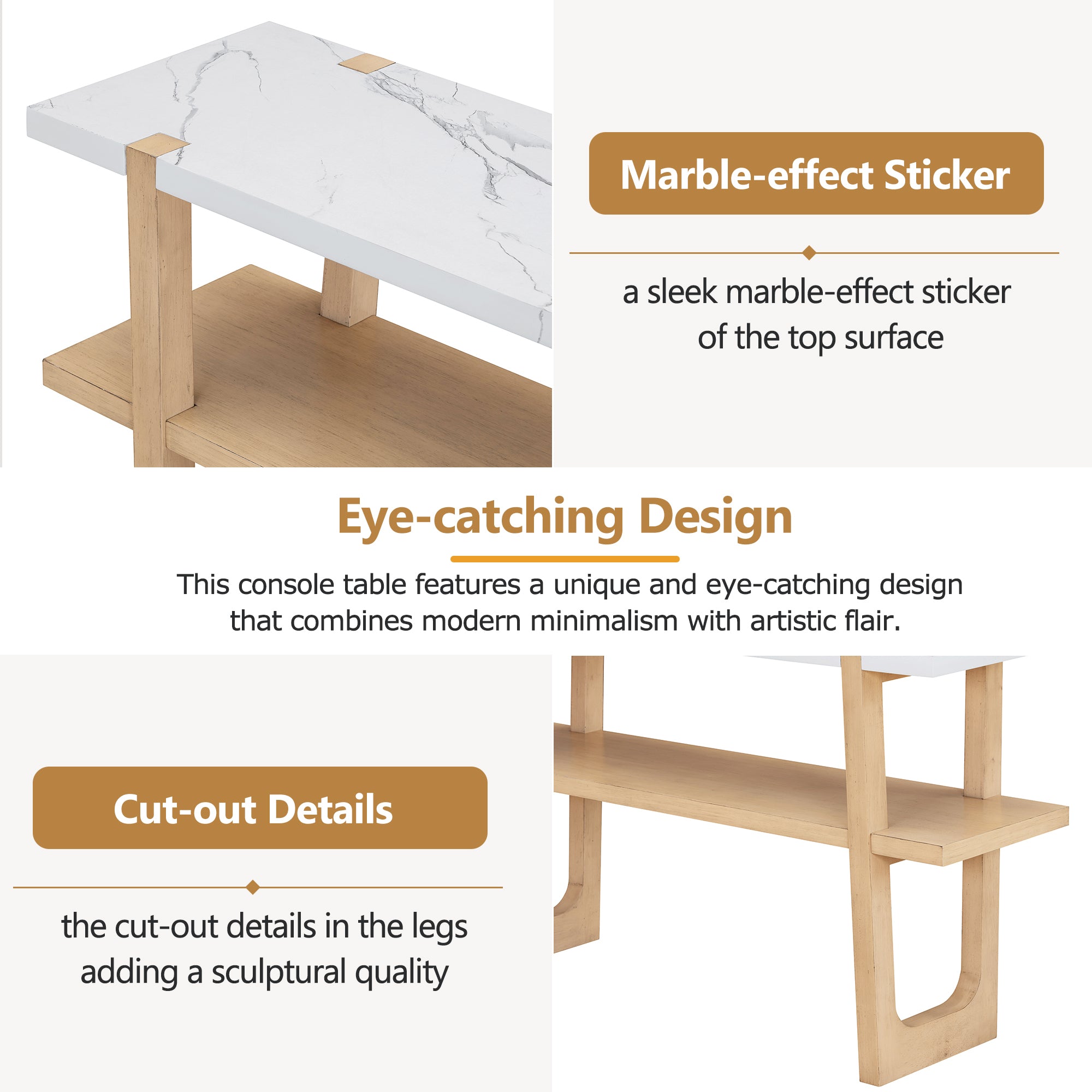 TREXM Retro Elegant Console Table with Marble-Effect Top and Versatile Storage Solutions for Entryway and Living Room (Natural)