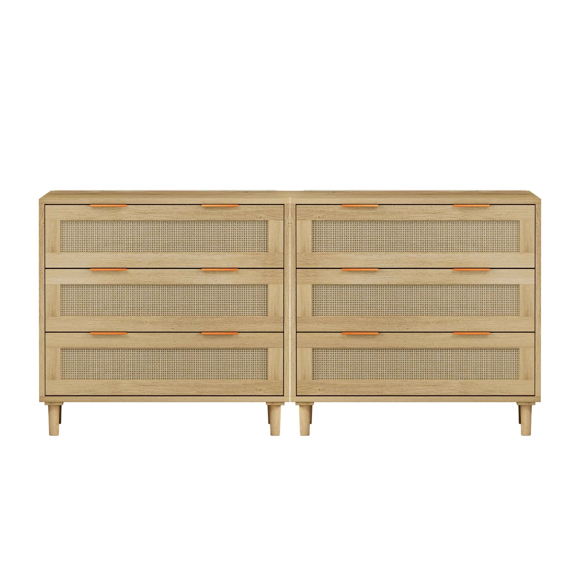 Modern Oak Rattan Storage Cabinet Set with 3-Drawers for Bedroom and Living Room