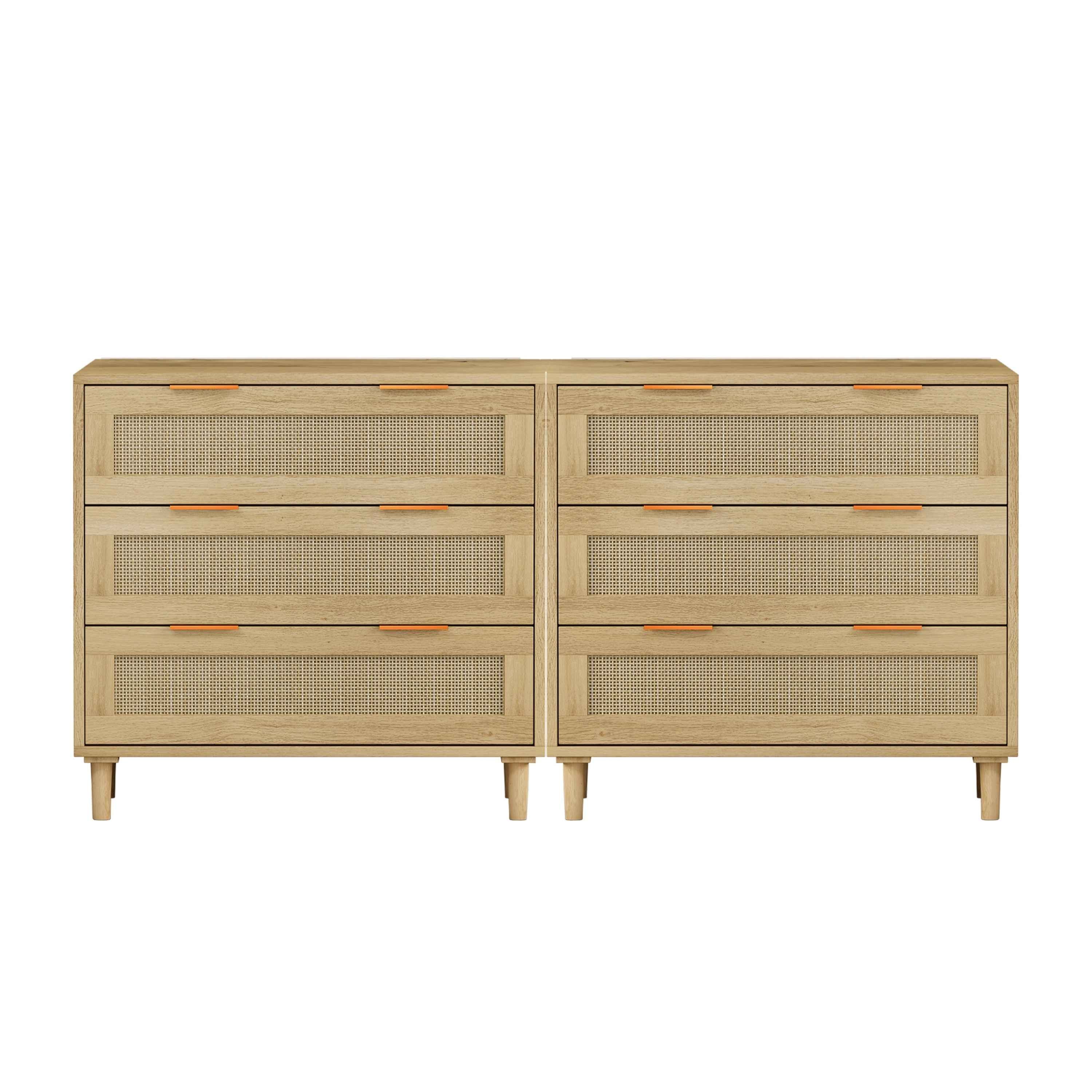Modern Oak Rattan Storage Cabinet Set with 3-Drawers for Bedroom and Living Room
