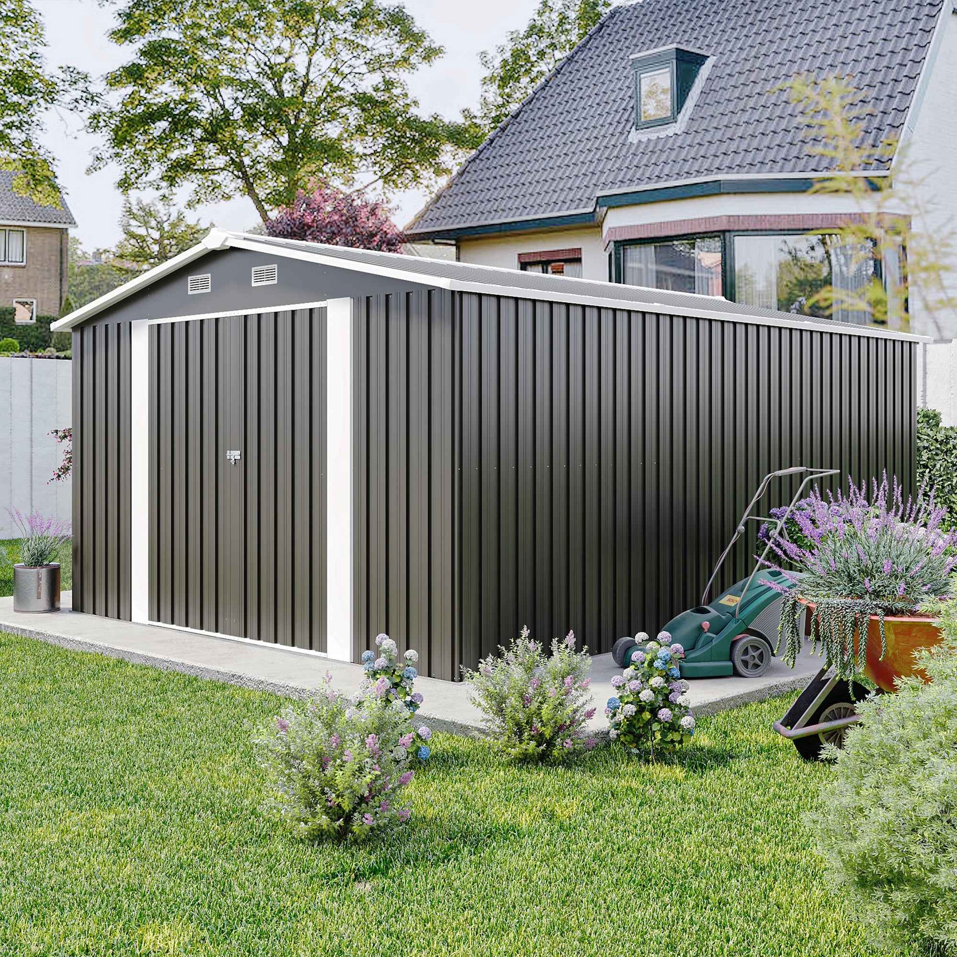 Campcraft  Outdoor Storage Shed 10×14 FT with 3 Lockable Doors,4 Air Vents & Sloped Roof,Utility Tool Shed Metal Storage Garden Sheds  Frame and 4 Vents,for Backyard,Patio,Lawn,dark Grey