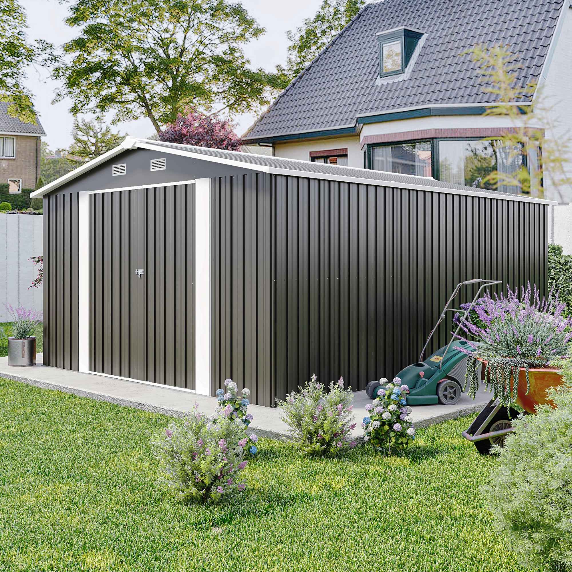 Campcraft  Outdoor Storage Shed 10×14 FT with 3 Lockable Doors,4 Air Vents & Sloped Roof,Utility Tool Shed Metal Storage Garden Sheds  Frame and 4 Vents,for Backyard,Patio,Lawn,dark Grey