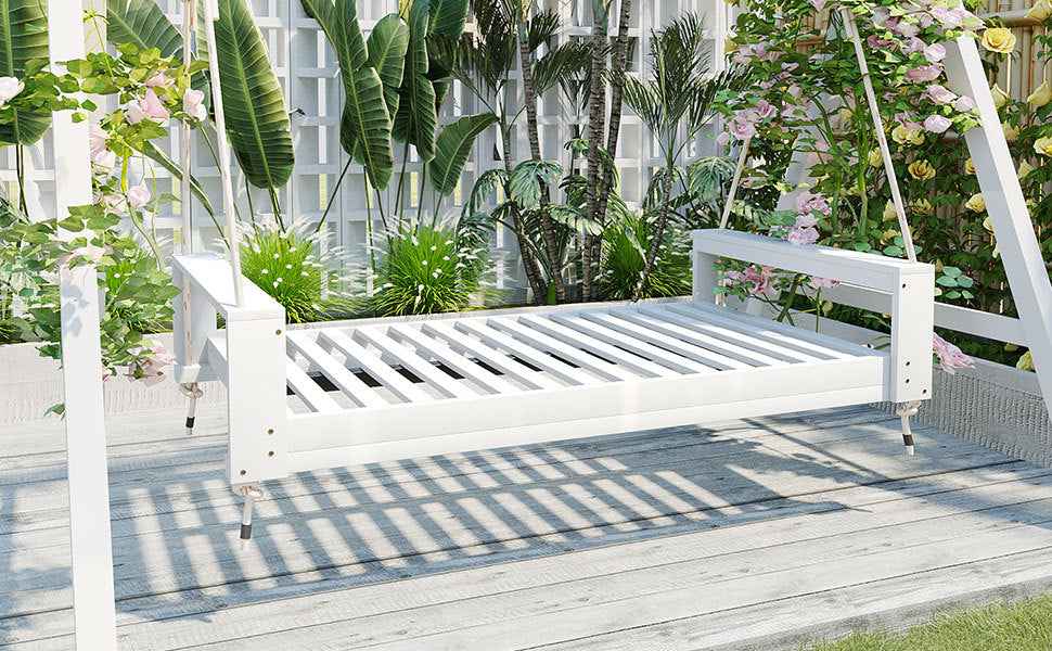 TOPMAX Twin Size Porch Swing Bed Seating Group, Patio Acacia Wood Swing Frame with Hemp Ropes for Garden, Backyard, White