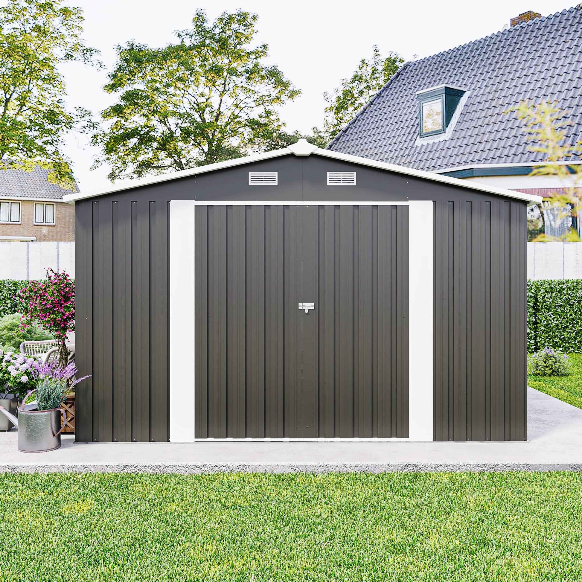 Campcraft  Outdoor Storage Shed 10×14 FT with 3 Lockable Doors,4 Air Vents & Sloped Roof,Utility Tool Shed Metal Storage Garden Sheds  Frame and 4 Vents,for Backyard,Patio,Lawn,dark Grey