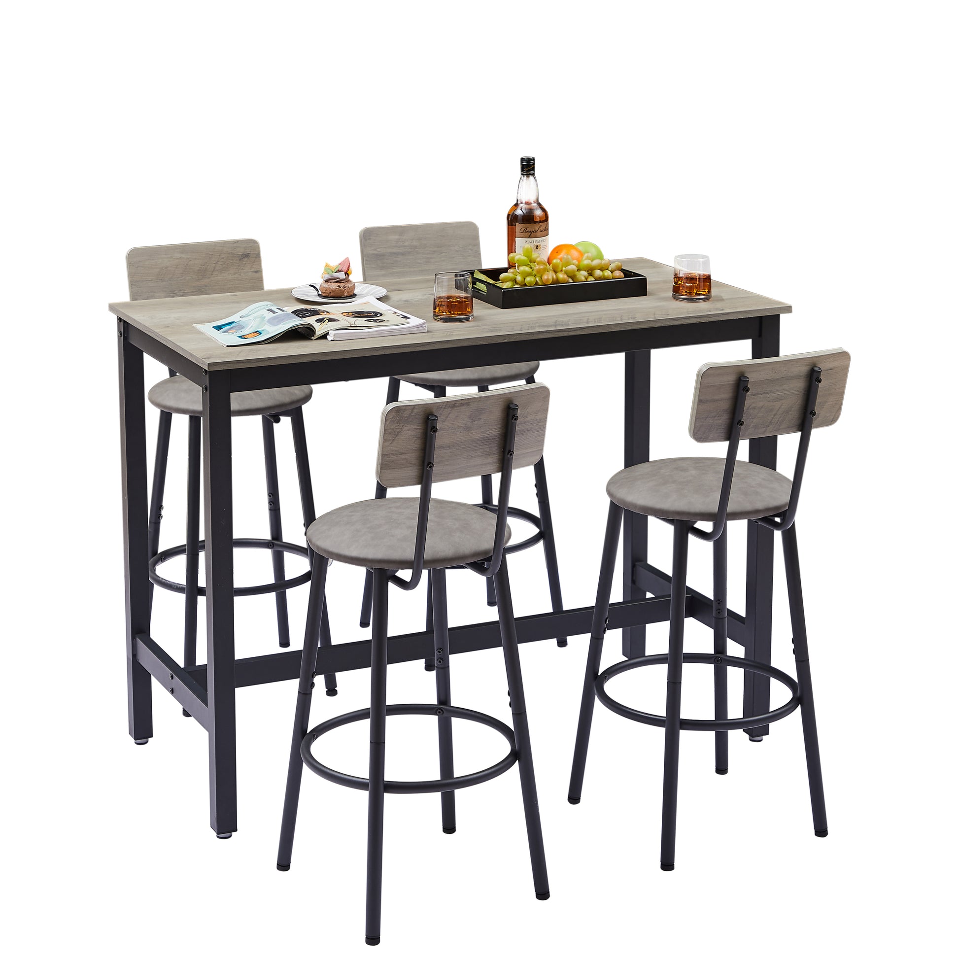 Bar Table Set with 4 Bar stools PU Soft seat with backrest, Grey, 47.24'' L x 23.62'' W x 35.43'' H - Abrihome