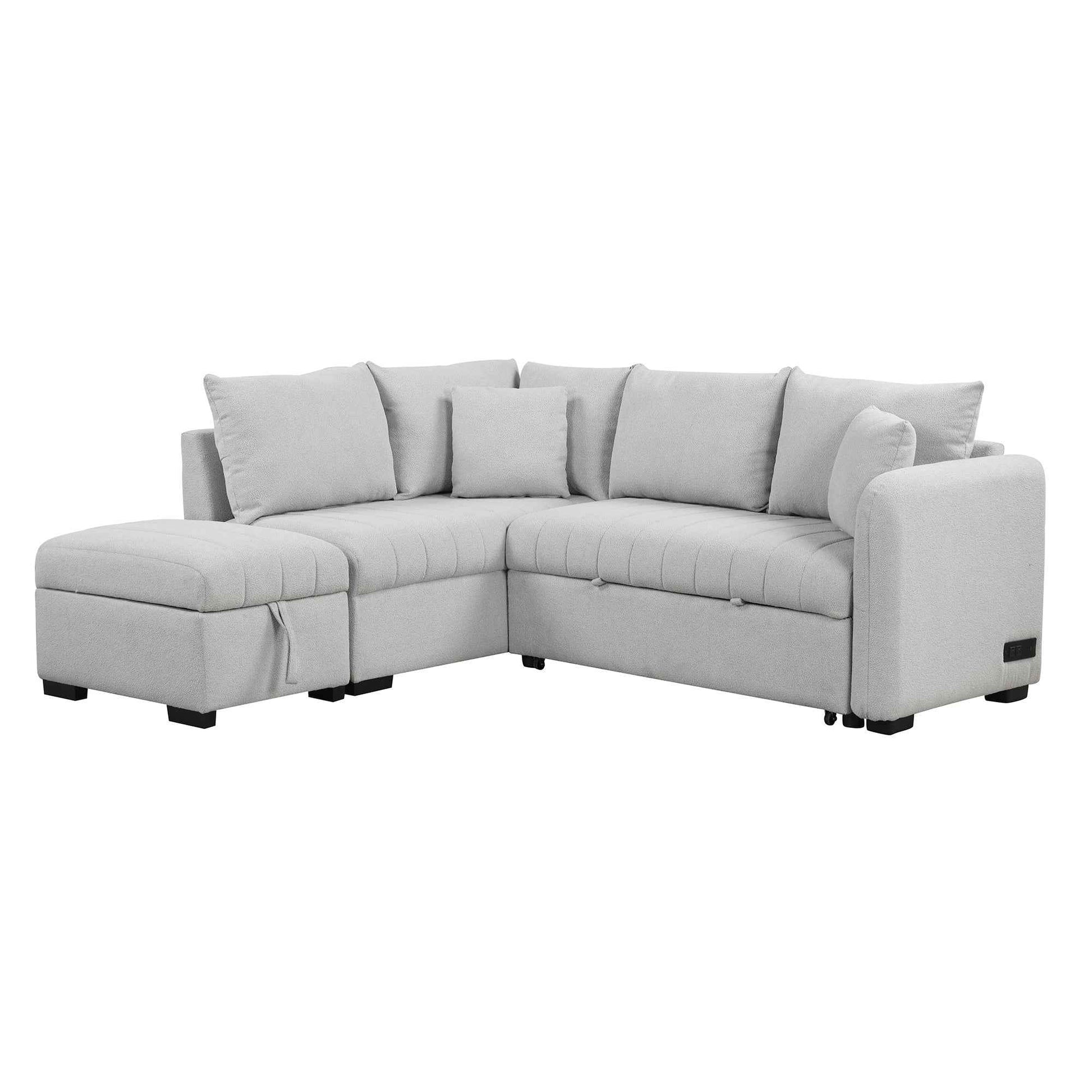 Modern L-shaped Sectional Pull Out Sofa Bed with USB Ports & Storage Ottoman, Gray Jacquard Fabric, 82.6'