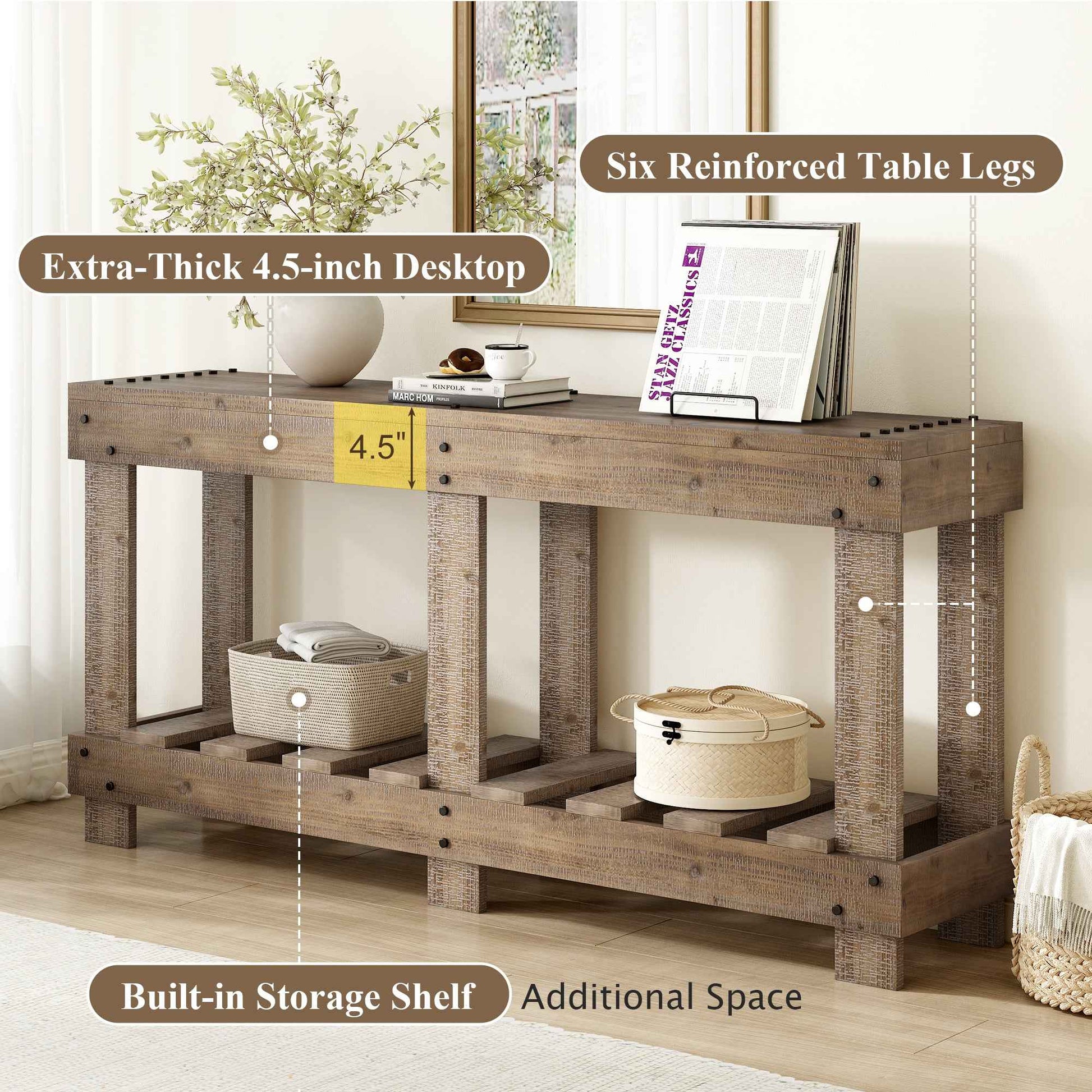 U_Style 62.9' Vintage Entryway Table - Fir Solid Wood with Natural Grain, 6 Reinforced Legs & 4.5' Thick Desktop, Metal Rivet Decor & Plank Under-Shelf, Console Table for Hallway, Living Room