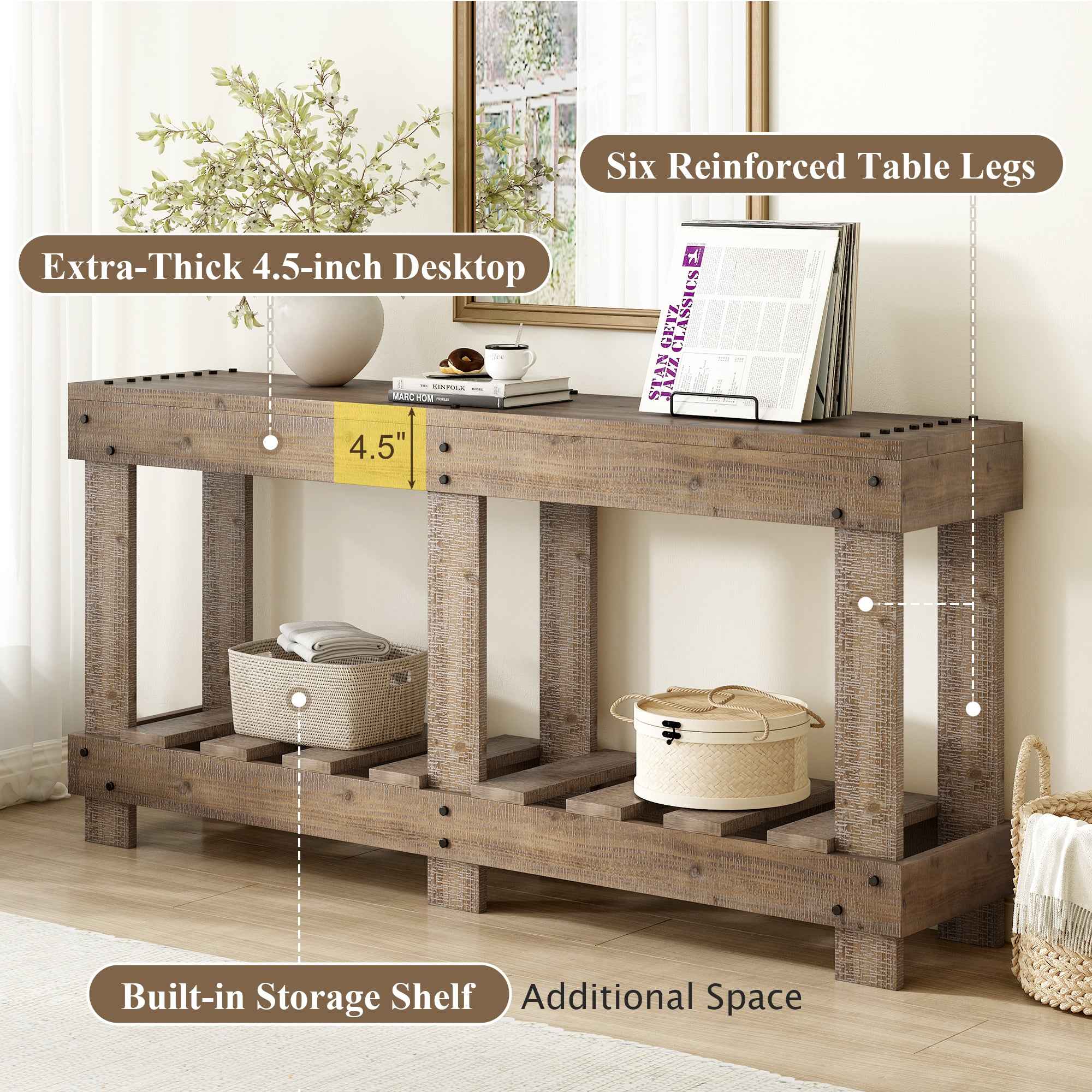 U_Style 62.9' Vintage Entryway Table - Fir Solid Wood with Natural Grain, 6 Reinforced Legs & 4.5' Thick Desktop, Metal Rivet Decor & Plank Under-Shelf, Console Table for Hallway, Living Room