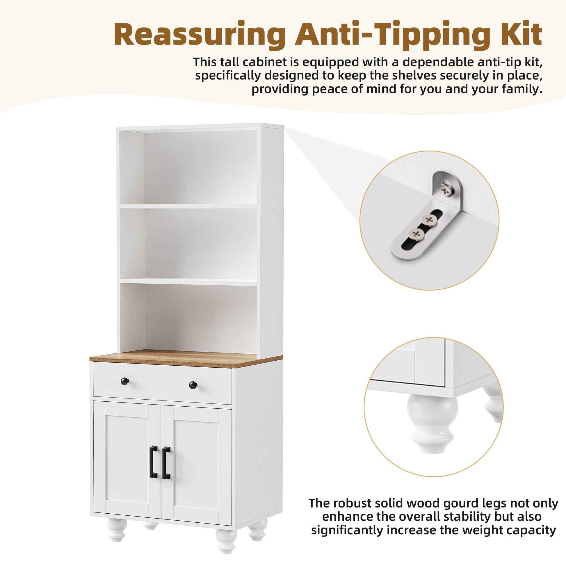 ON-TREND Farmhouse Storage Cabinet with 4 Solid Wood Gourd-Shaped Legs, Modern Kitchen Pantry Cabinet with Adjustable Shelves, 5 Tier Bookshelf with Drawer for Living Room, White