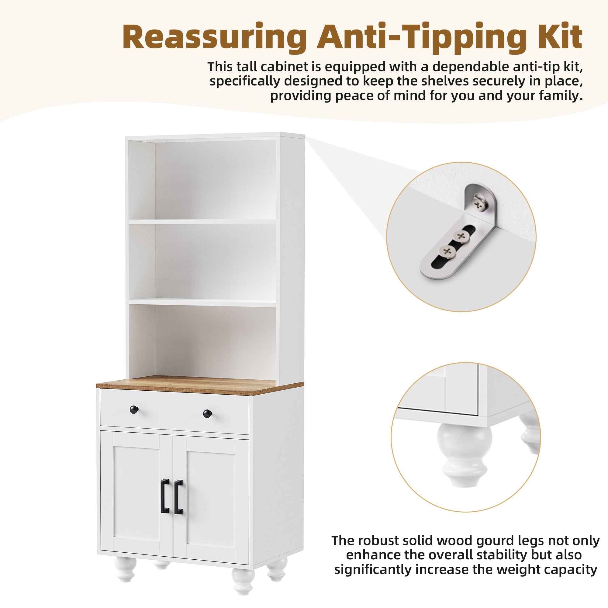 ON-TREND Farmhouse Storage Cabinet with 4 Solid Wood Gourd-Shaped Legs, Modern Kitchen Pantry Cabinet with Adjustable Shelves, 5 Tier Bookshelf with Drawer for Living Room, White