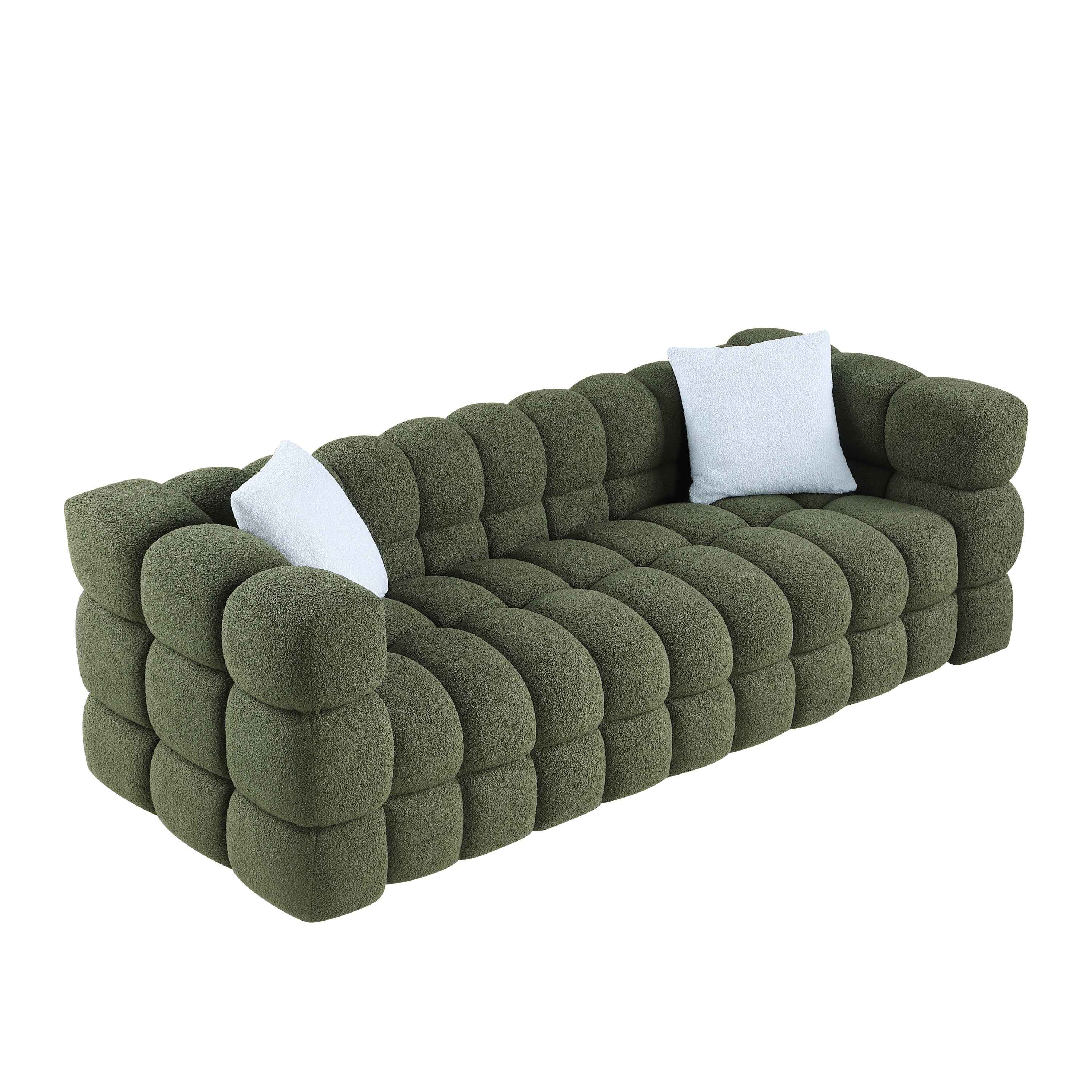 84.3 length ,35.83' deepth ,human body structure for USA people,  marshmallow sofa,boucle sofa ,3 seater, OLIVE GREEN BOUCLE