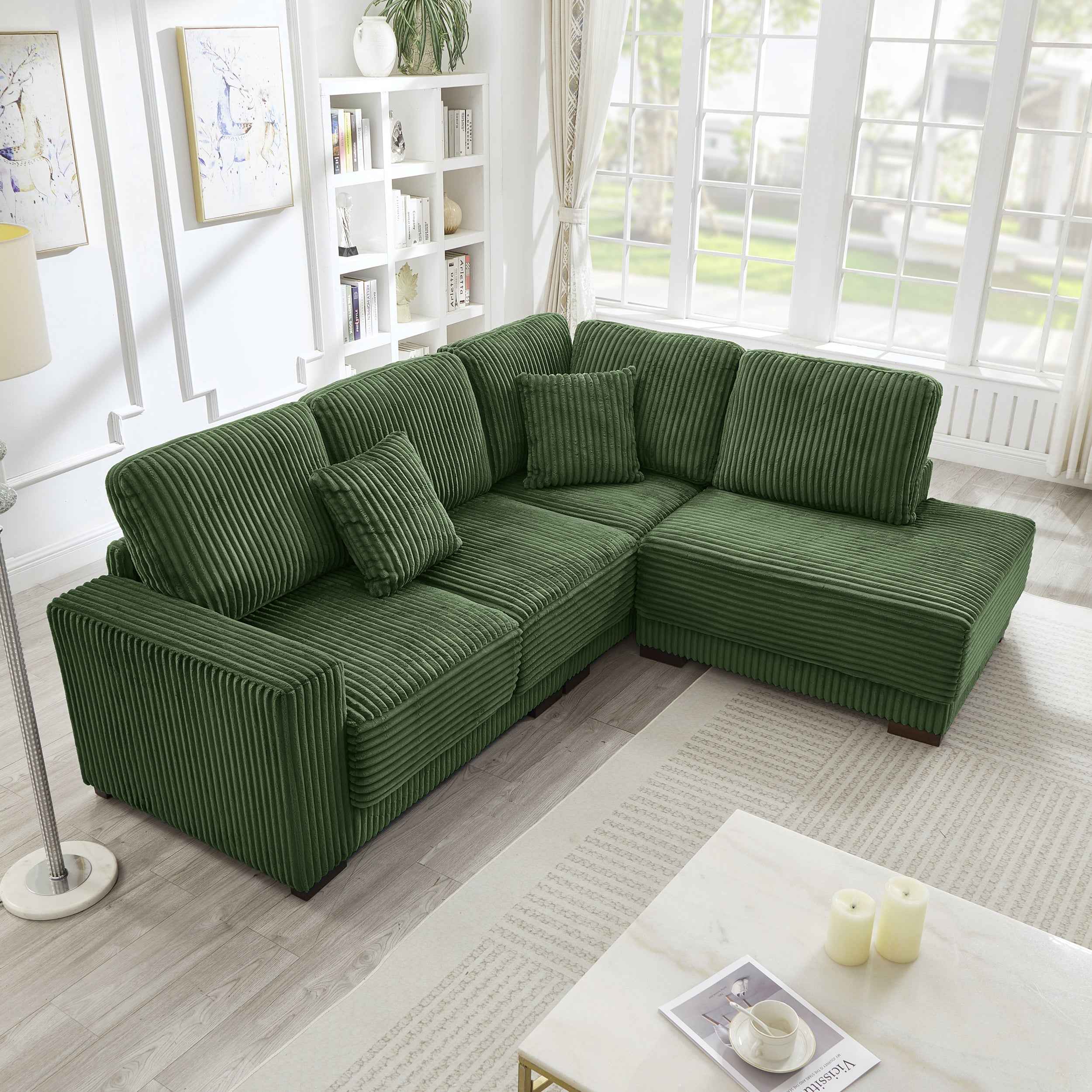 93' Sectional Sofa, L Shaped Sofa Couch with Reversible Chaise Lounge, Upholstered Soft Corduroy Couch for Living Room, Apartment (Green)