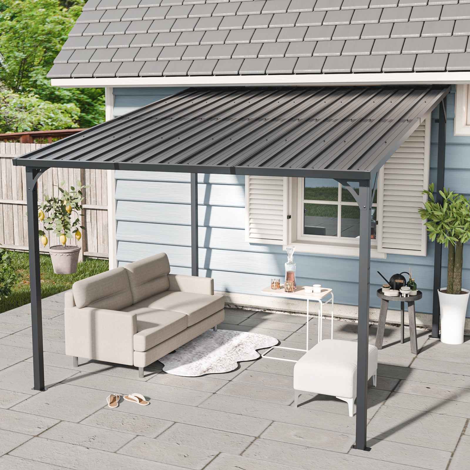 Outdoor Pergola, 10' x 10' Outdoor Hardtop Gazebo Pergola for Yard, Large 10x10 Galvanized Steel Lean to Wall-Mounted carport