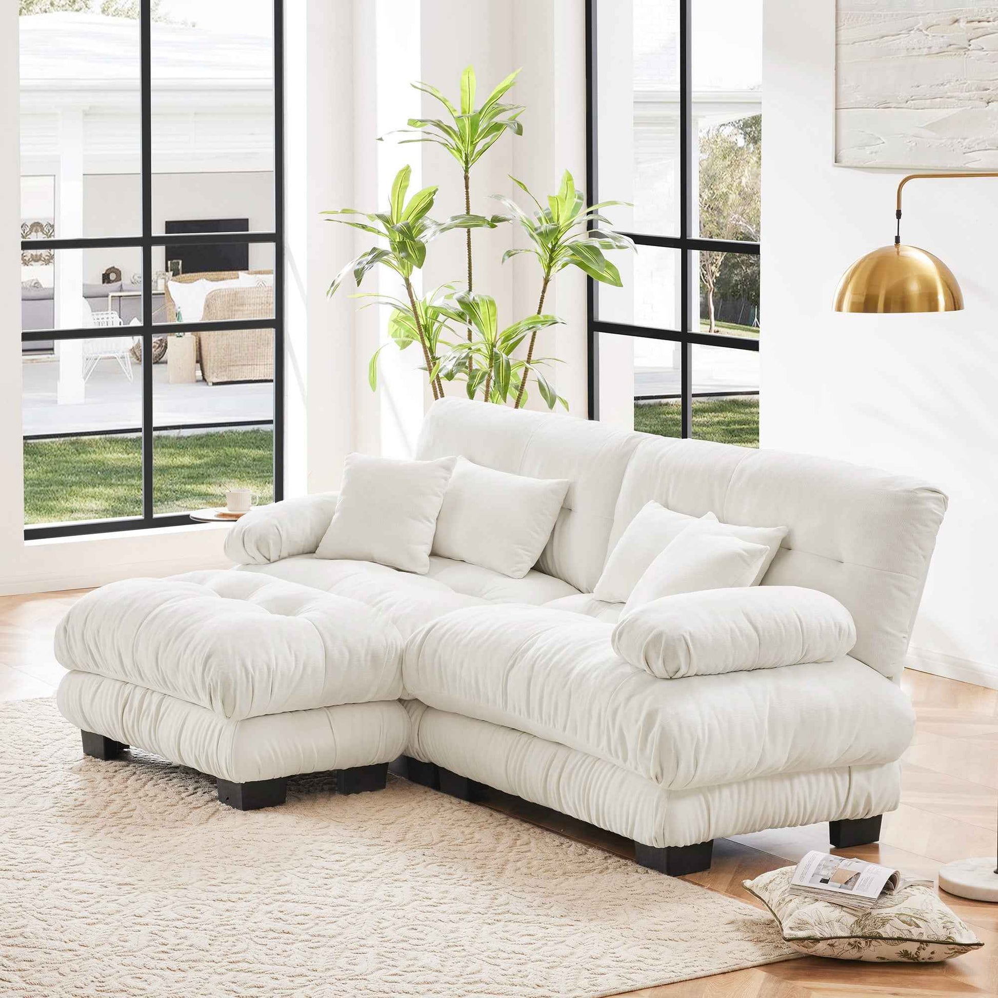 Cloud Couch Sectional Sofa for Living Room, Chenille 2 Seater Sofa with 2 Lumbar pillows and 2 throw pillows , Upholstered Wide Arm Sofa with Convertible Ottoman,Chenille White