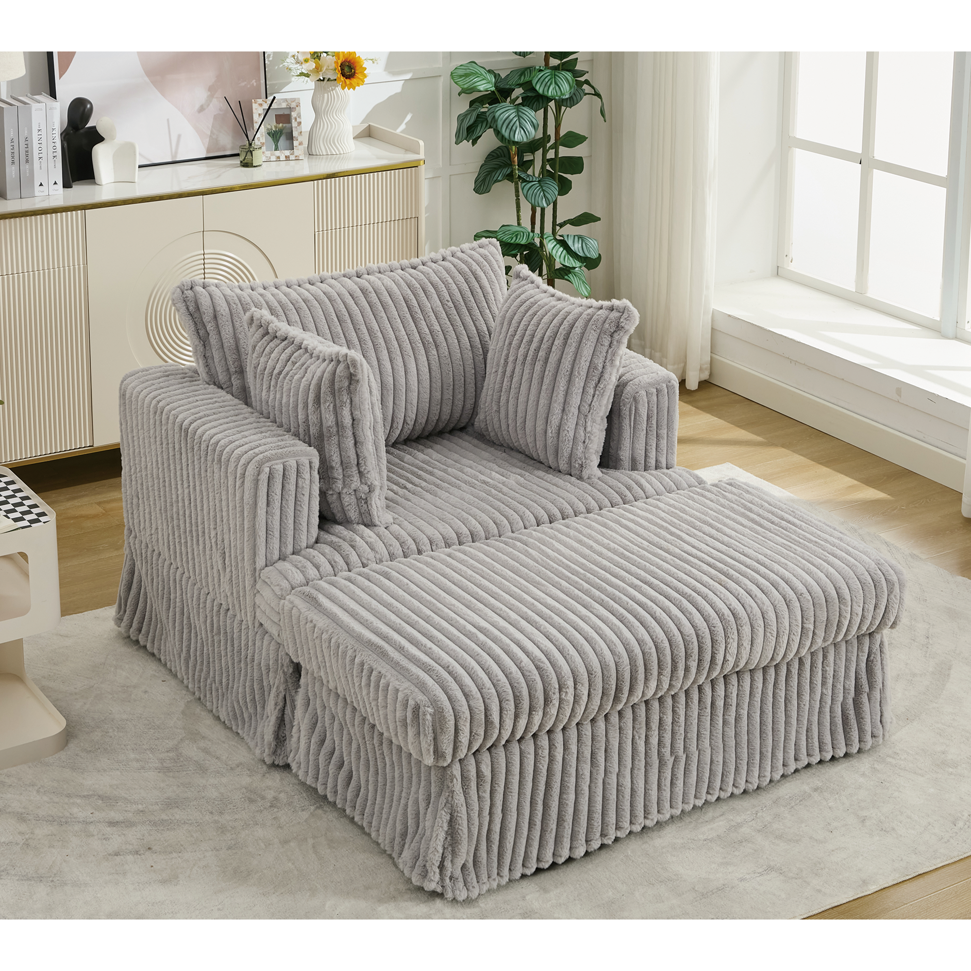 [NEW ARRIVED] 47.7'' Oversized Corduroy Chaise Longue with Ottoman,  Deep Seat  Reclining Chair Sofa, Comfy Thicked Upholstered Pad Chair ,with Foot Stool ,OVERSIZE, Movable Ottoman,Light Gray