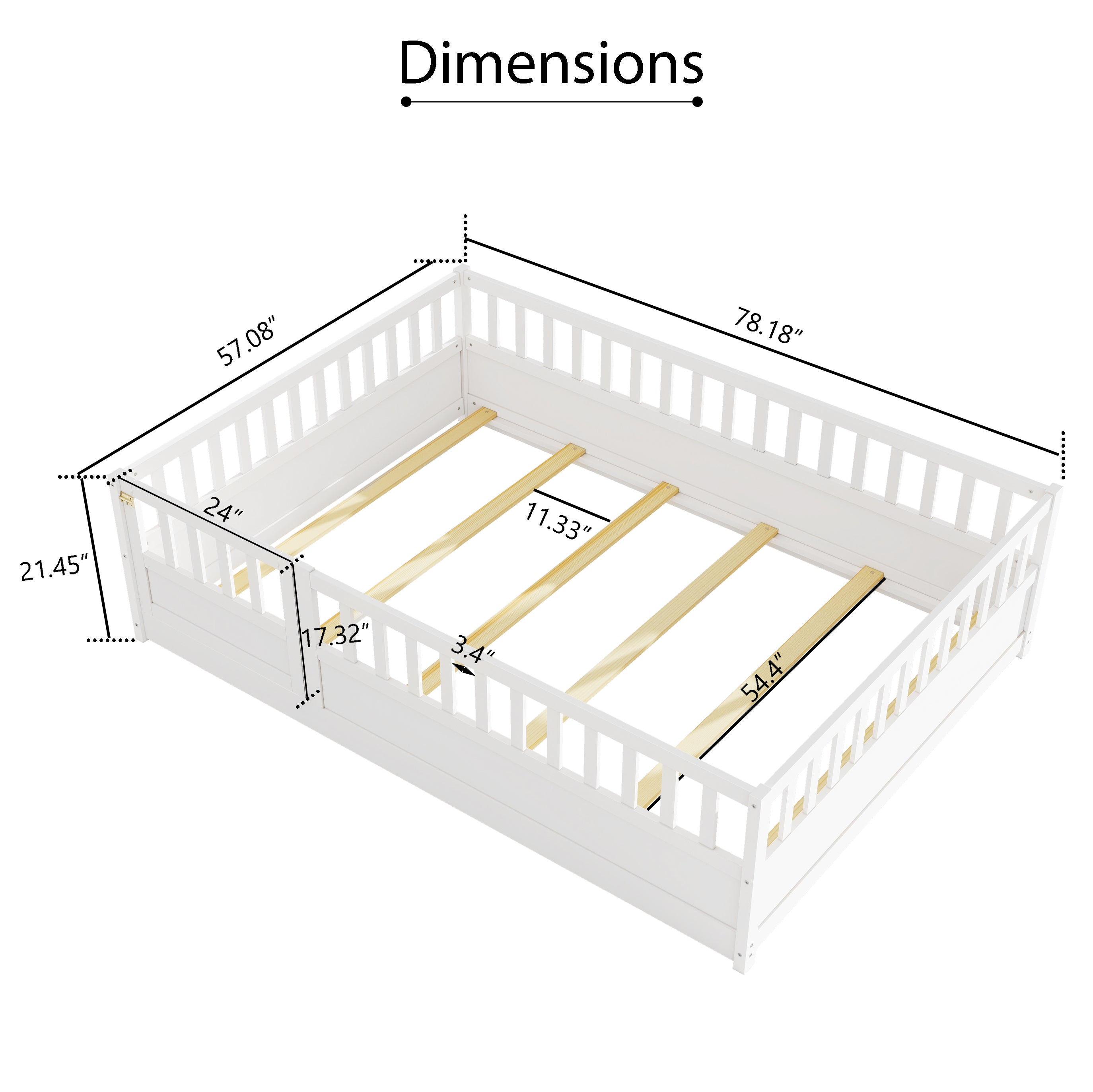 Full size  Floor bed, integral construction with super high security barrier, door, children's floor bed frame, Montessori wooden children's floor bed, Support slat white