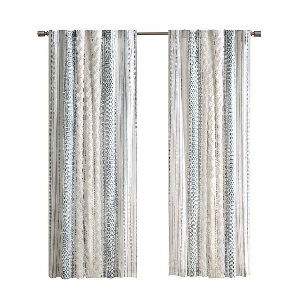 Cotton Printed Curtain Panel with Chenille Stripe and Lining White/Navy 50x84'