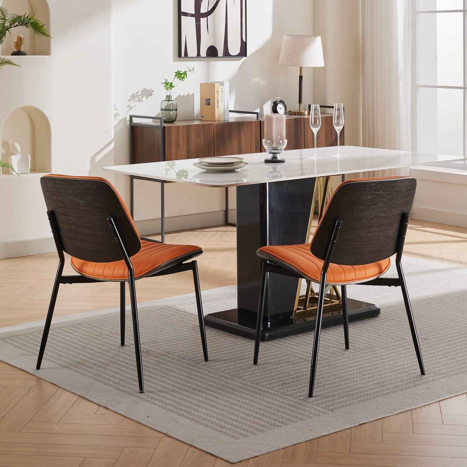 A&A Furniture, Dining Chairs Set of 2 Mid Century Modern Retro Faux Leather Chair with Walnut Bentwood Back Upholstered Seat Metal Legs Adjustable Foot for Kitchen Dining Room Chairs(Orange  PU)