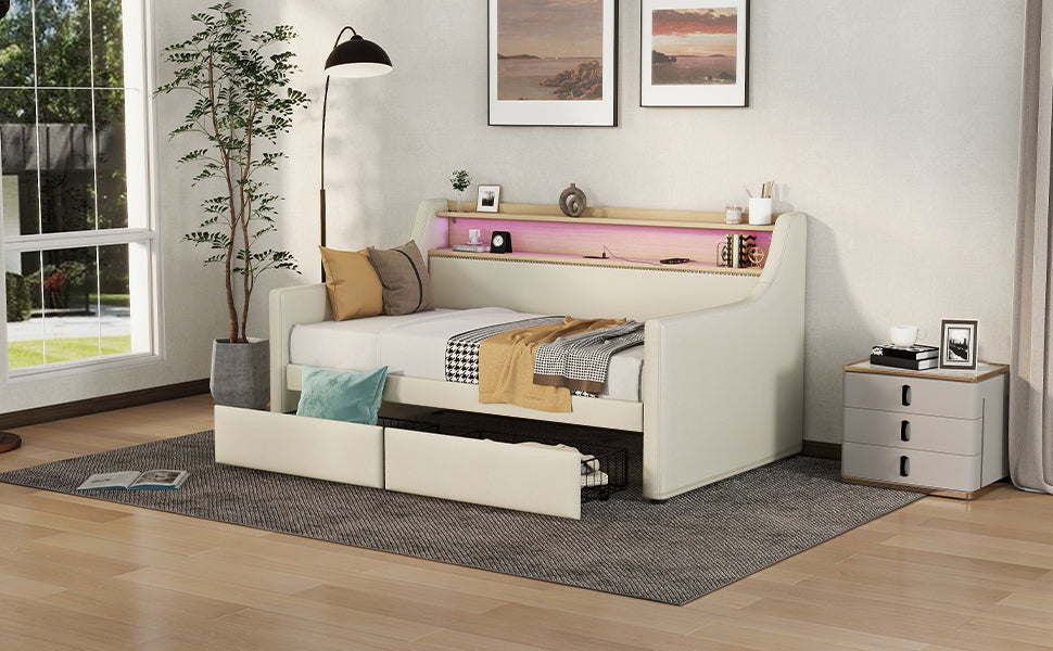 Twin Size Daybed with Storage Drawers, Upholstered Daybed with Charging Station and LED Lights, Beige (Old Item W1580S00022)