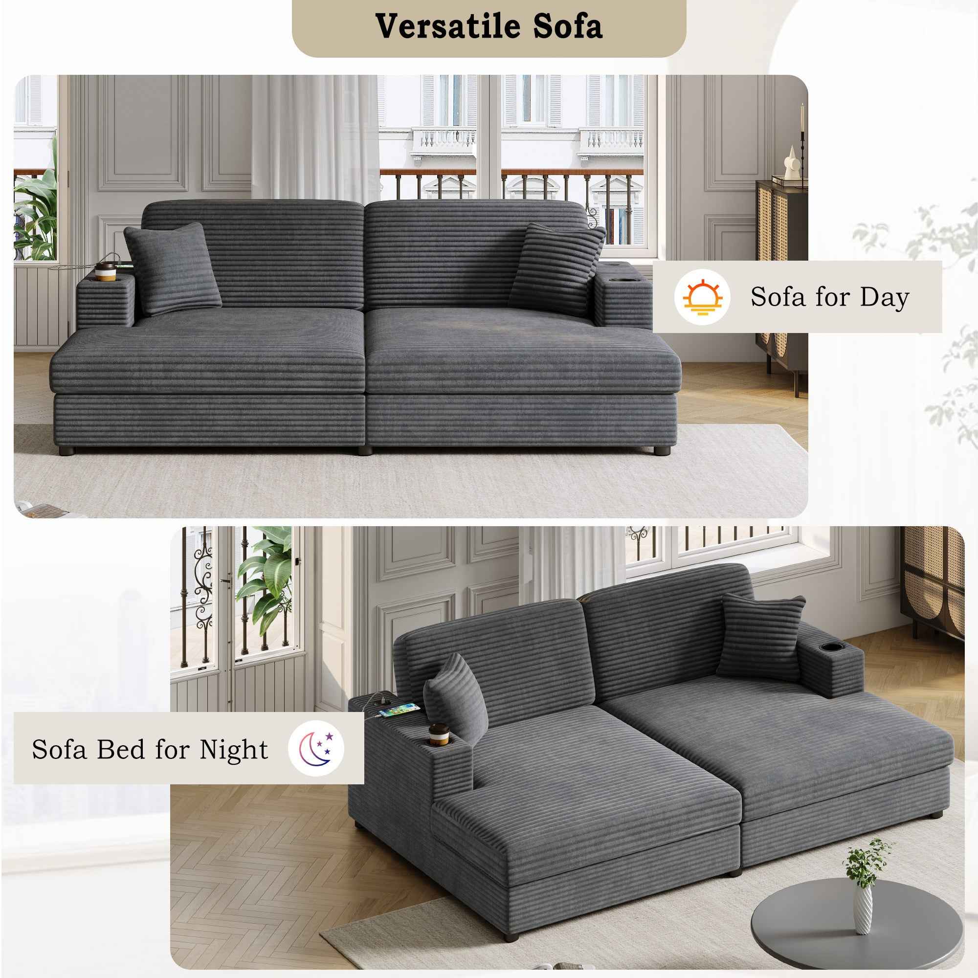 Oversized Loveseat Chaise Lounge Sectional Sofa Bed with USB Ports, Cup Holders, Throw Pillows, Dark Gray Corduroy, 86.5'