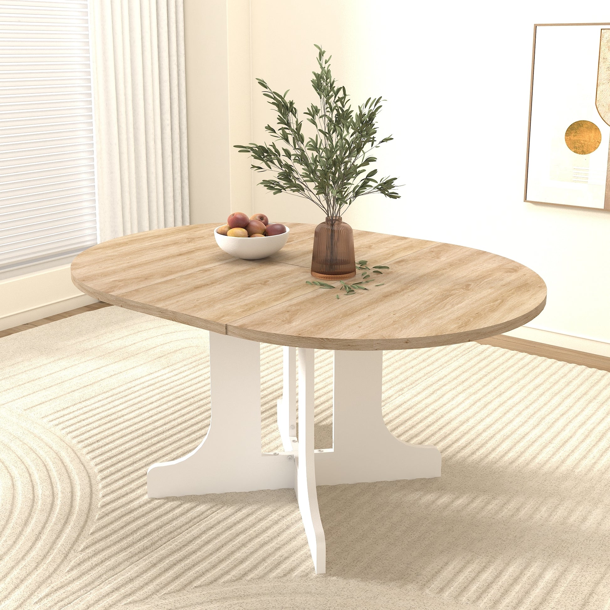 Dining Table for Farmhouse Kitchen 59x43 Inch Expandable Oval Table Top with Removable Leaf Trestle X Shaped Base White - Abrihome