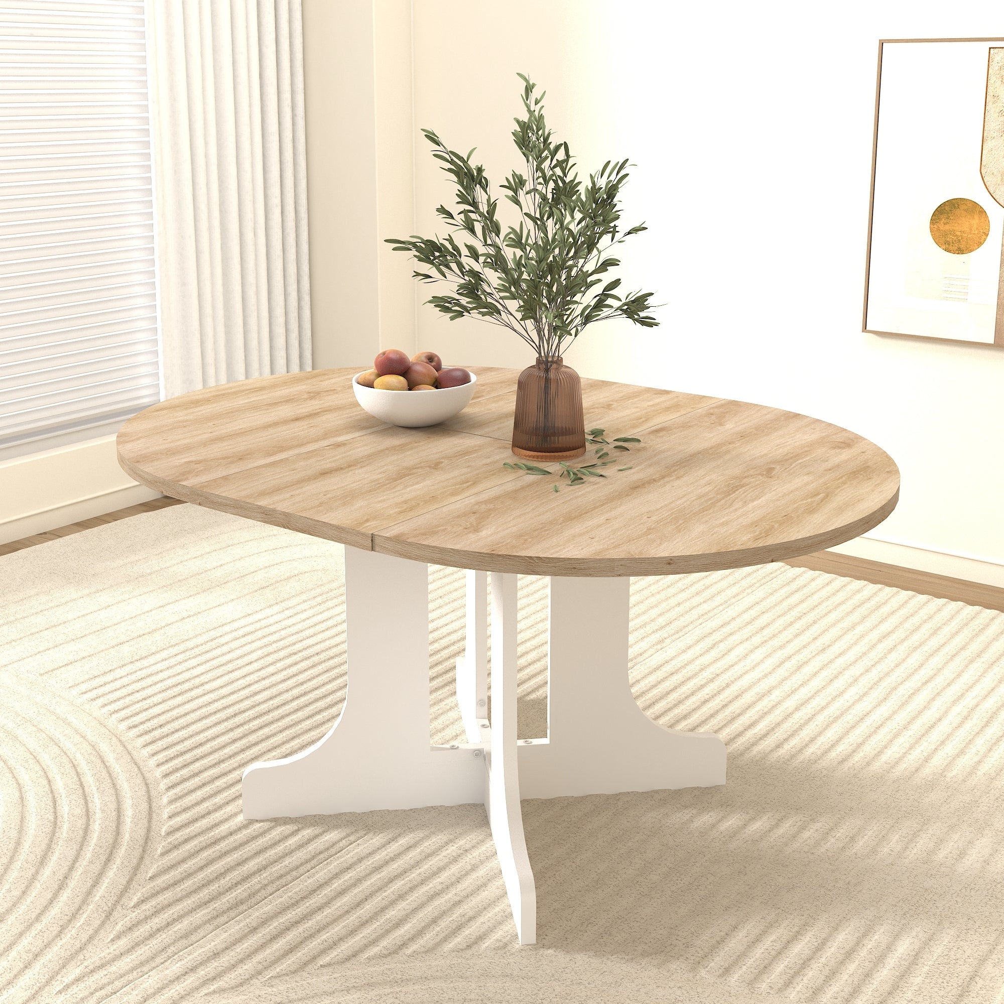 Dining Table for Farmhouse Kitchen 59x43 Inch Expandable Oval Table Top with Removable Leaf Trestle X Shaped Base White - Abrihome