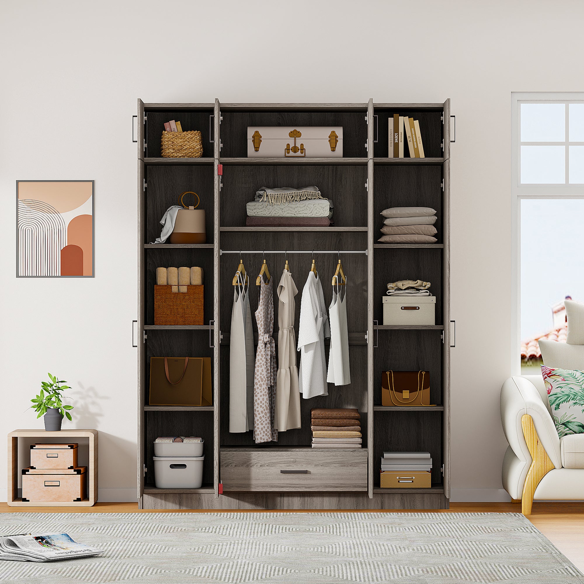 4-Door Wardrobe with 1 Drawer and Top Cabinet , Gray