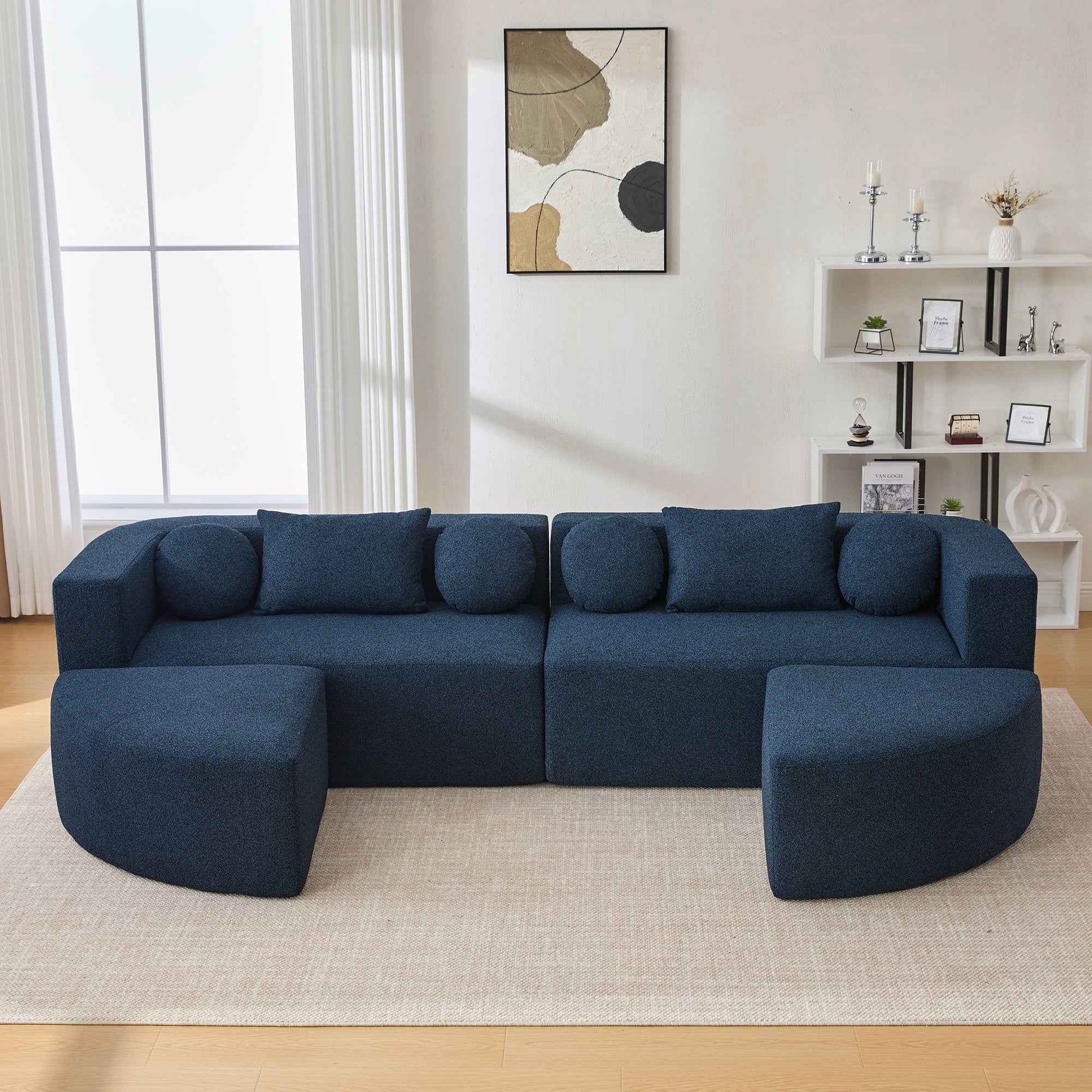 Boneless Couch Modular Sectional Sofa with Deep Seating and Curved Design in Blue Boucle, 114.9 Inches