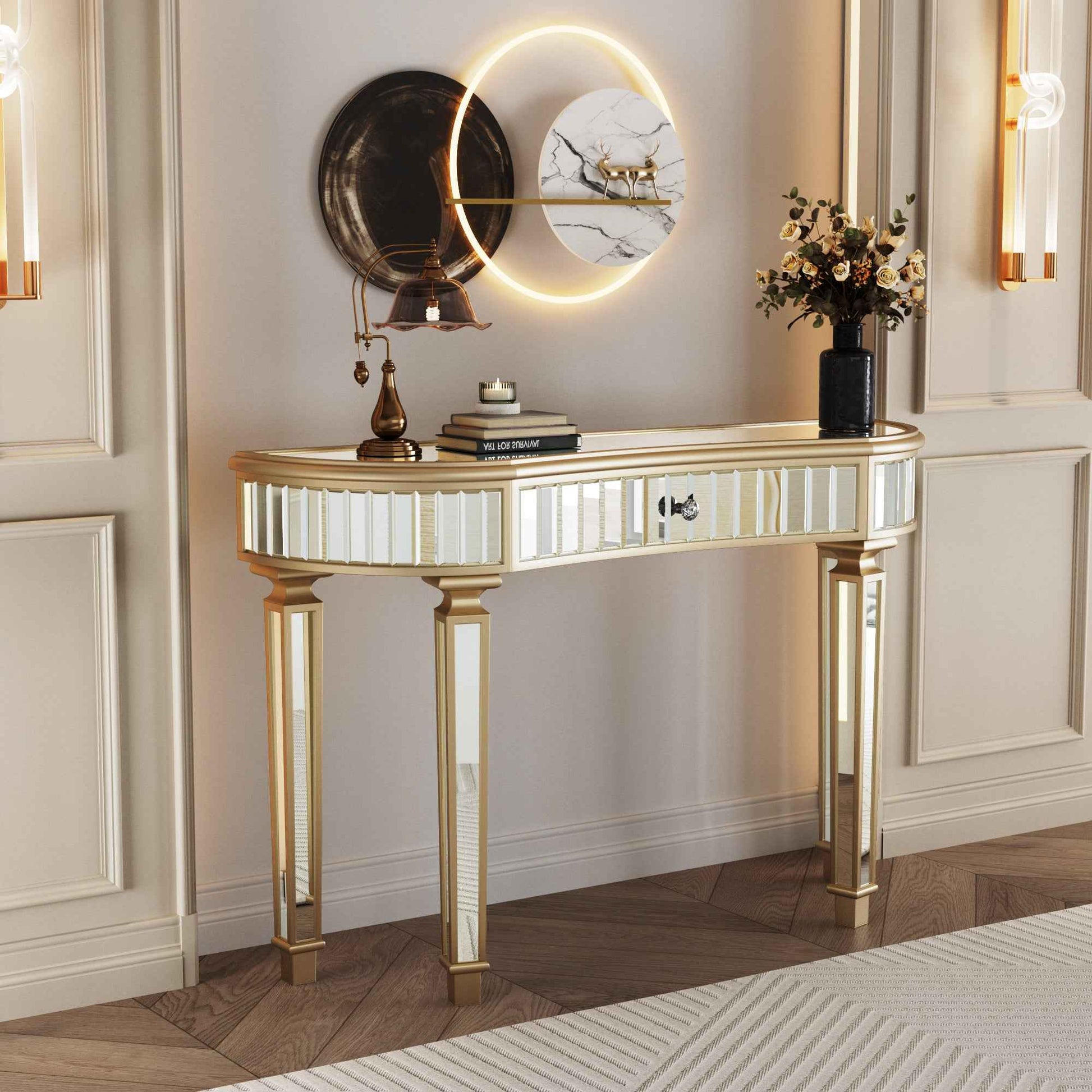 47' Half-Moon Mirrored Console Table with Fluted Glass & Crystal Knob Drawer - Silver Entryway Vanity Desk for Bedroom/Dressing Room(Gold+Sliver)