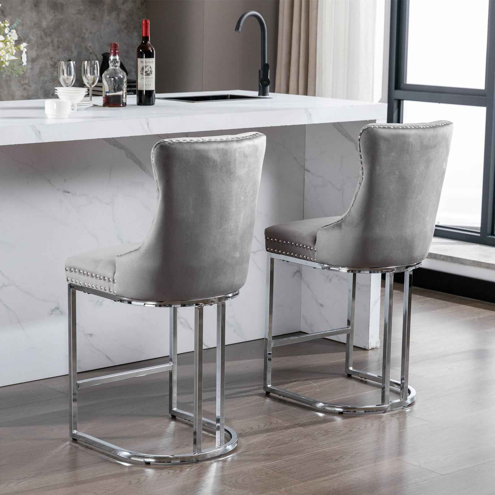 26' Counter Height Bar Stools Set of 2, Modern Velvet Barstools with Button Back&Rivet Trim Upholstered Kitchen Island Chairs with Sturdy Chromed Metal Base Legs Farmhouse Bar Stools, (Gray,2 Pack)