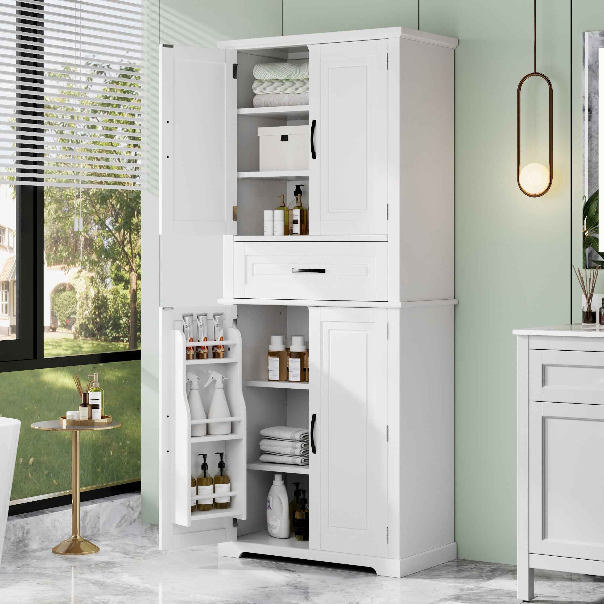 Bathroom Storage Cabinet with Multi-Functional Storage Space, Drawer with Slide Rails, Adjustable Shelf, White MDF