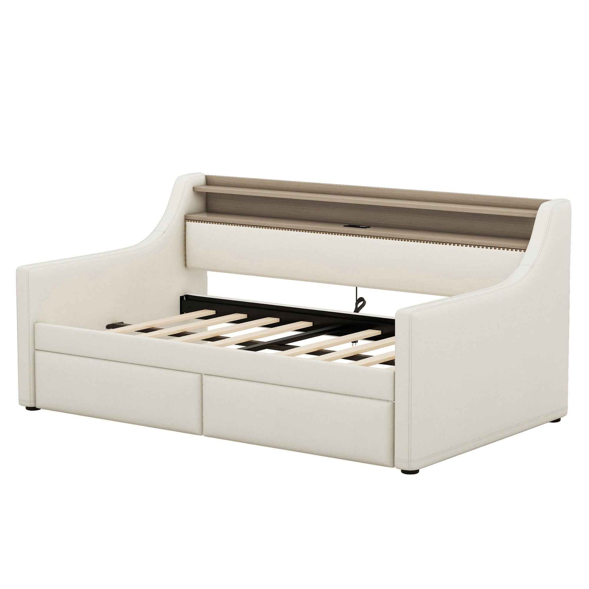 Twin Size Daybed with Storage Drawers, Upholstered Daybed with Charging Station and LED Lights, Beige (Old Item W1580S00022)