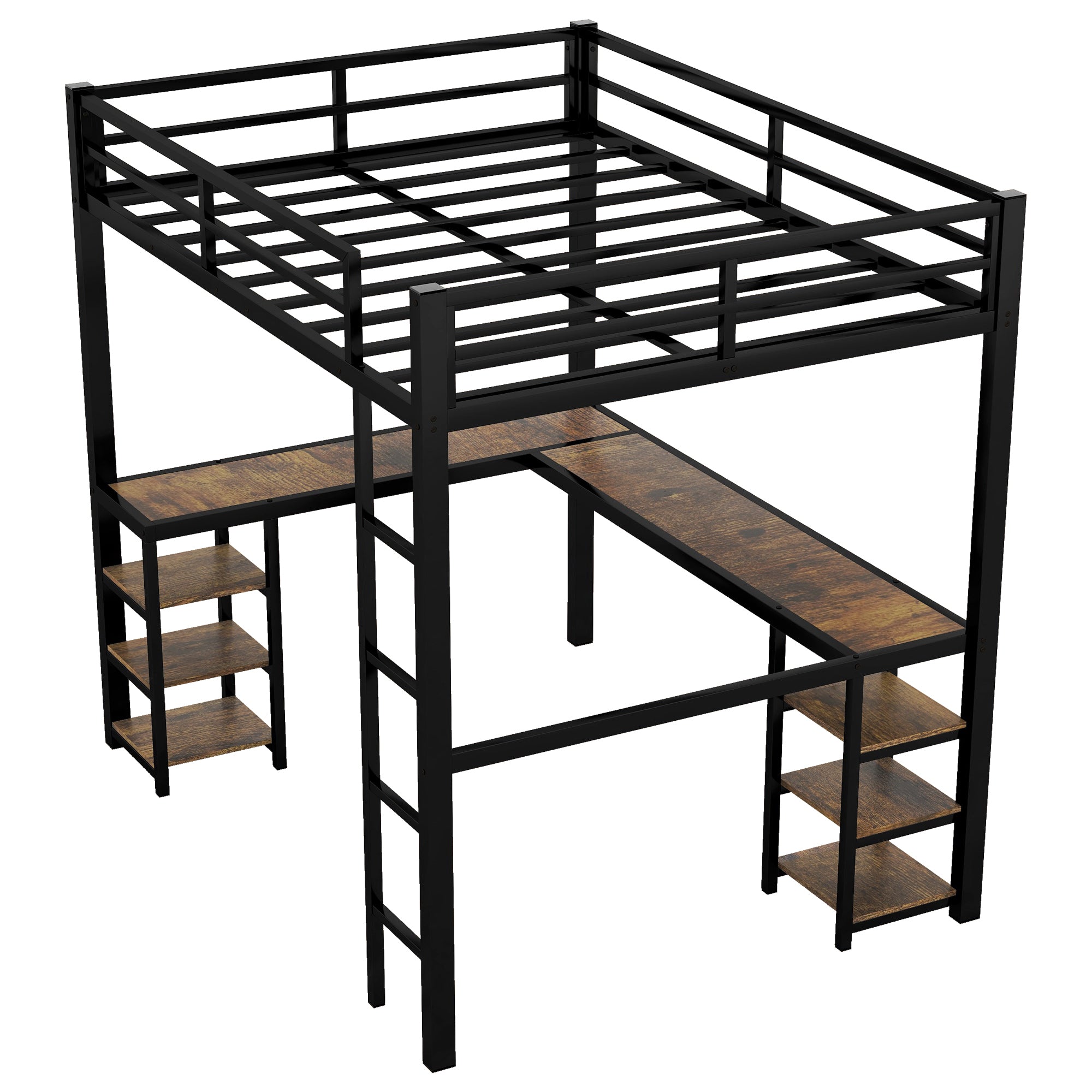 Full Metal Loft Bed with Desk and Shelves, Loft Bed with Ladder and Guardrails, Loft Bed Frame for Bedroom, Black (Old SKU: W1307S00018)