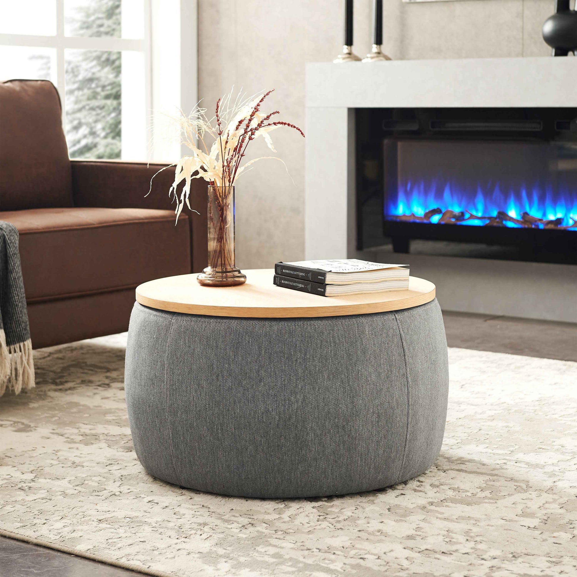 Round Storage Ottoman, 2 in 1 Function, Work as End table and Ottoman, Dark Grey (25.5'x25.5'x14.5')