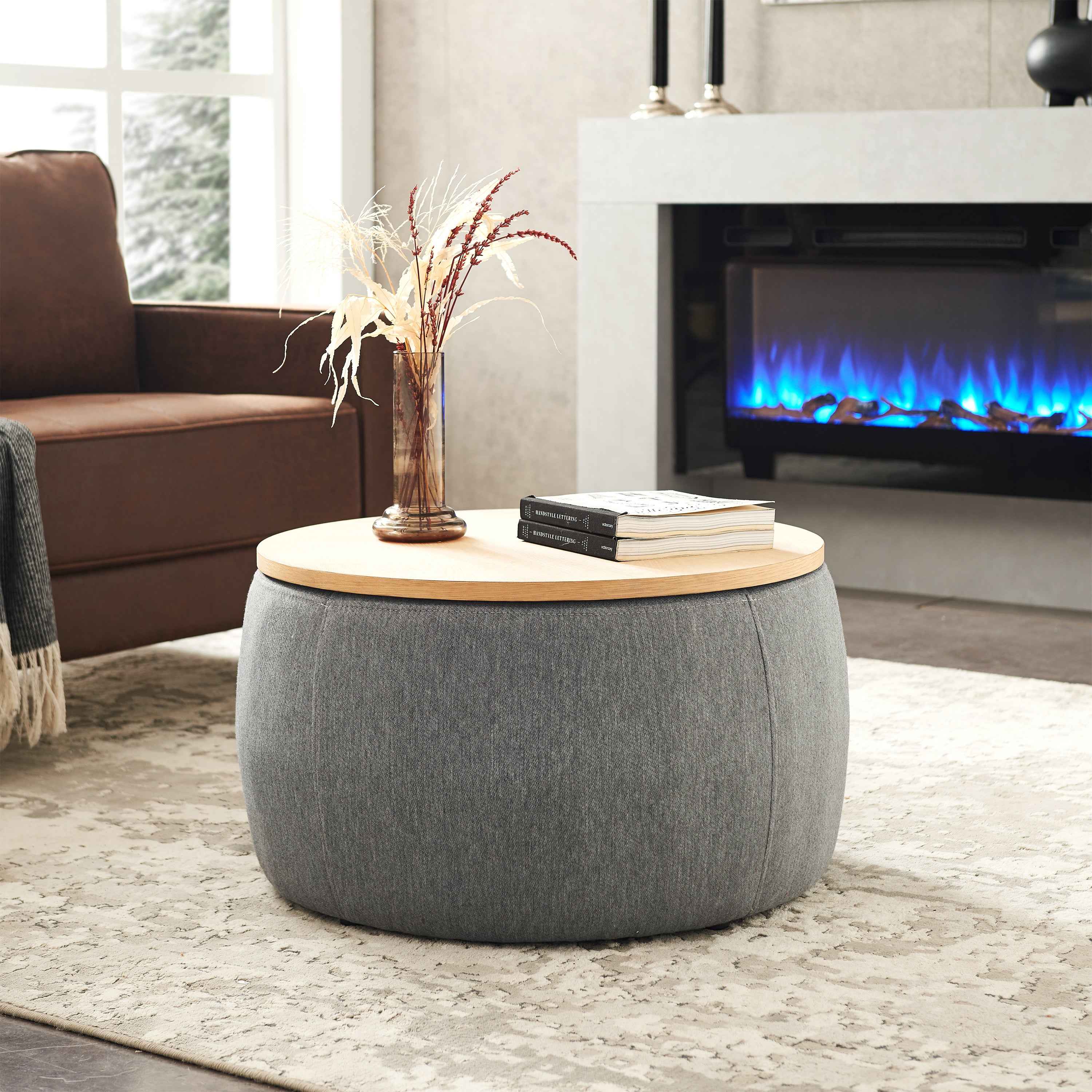 Round Storage Ottoman, 2 in 1 Function, Work as End table and Ottoman, Dark Grey (25.5'x25.5'x14.5')