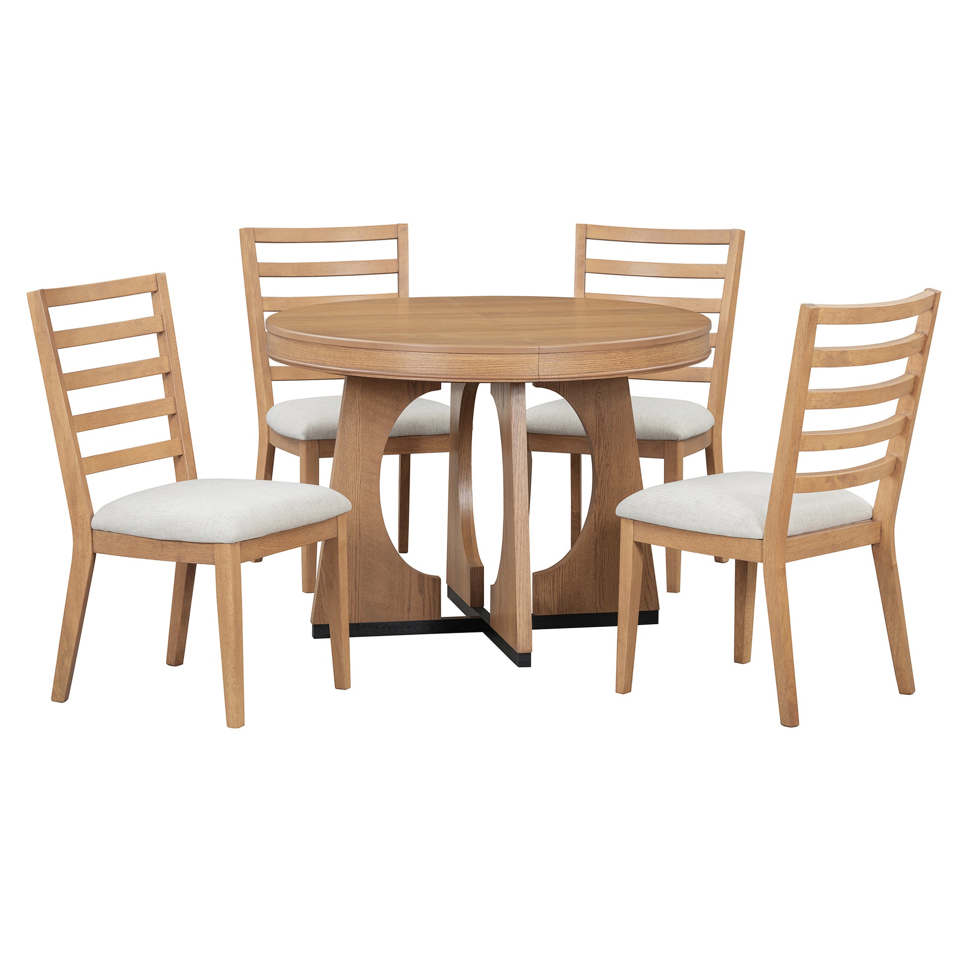 TREXM 5-Piece Retro Rustic Functional Dining Set Unique Geometric Design, 1 Extendable Table with a 16-inch Leaf and 4 Upholstered Chairs Ideal for Dining Room and Kitchen (Natural) - Abrihome