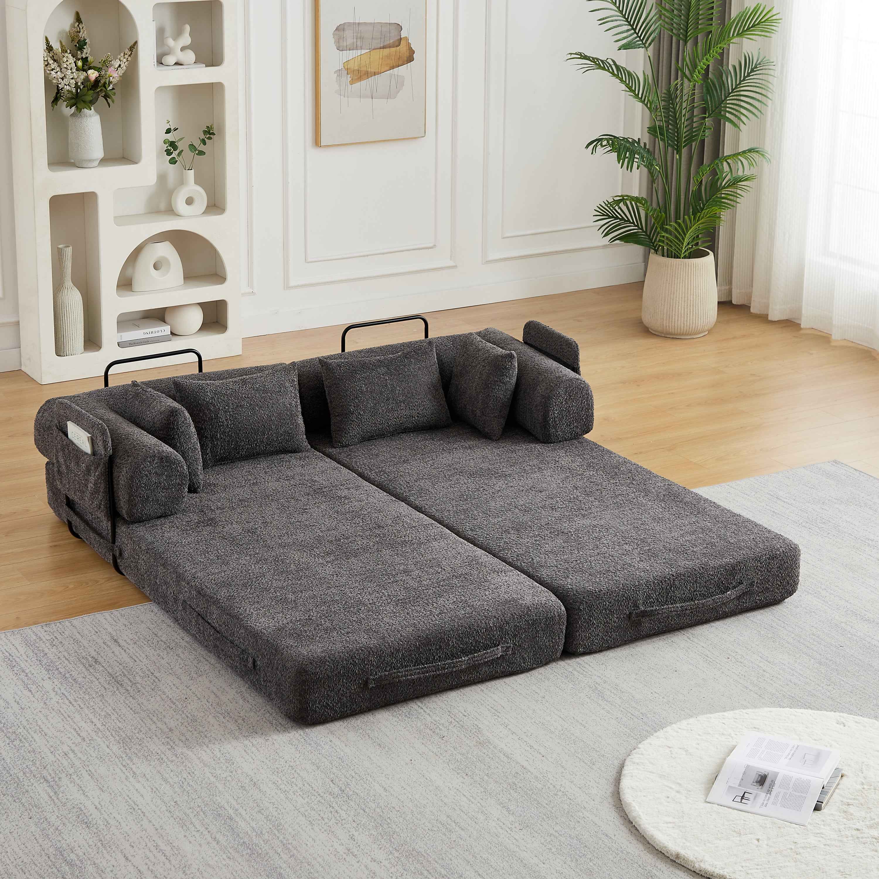 78.7-Inch Convertible Sleeper Sofa Bed with Cylindrical Pillow, Chenille Folding Mattress Couch with ,Folding Sofa Bed with Side Pocket, Floor Sofa Lounge Couch for Living Room Bedroom Lounge Studio