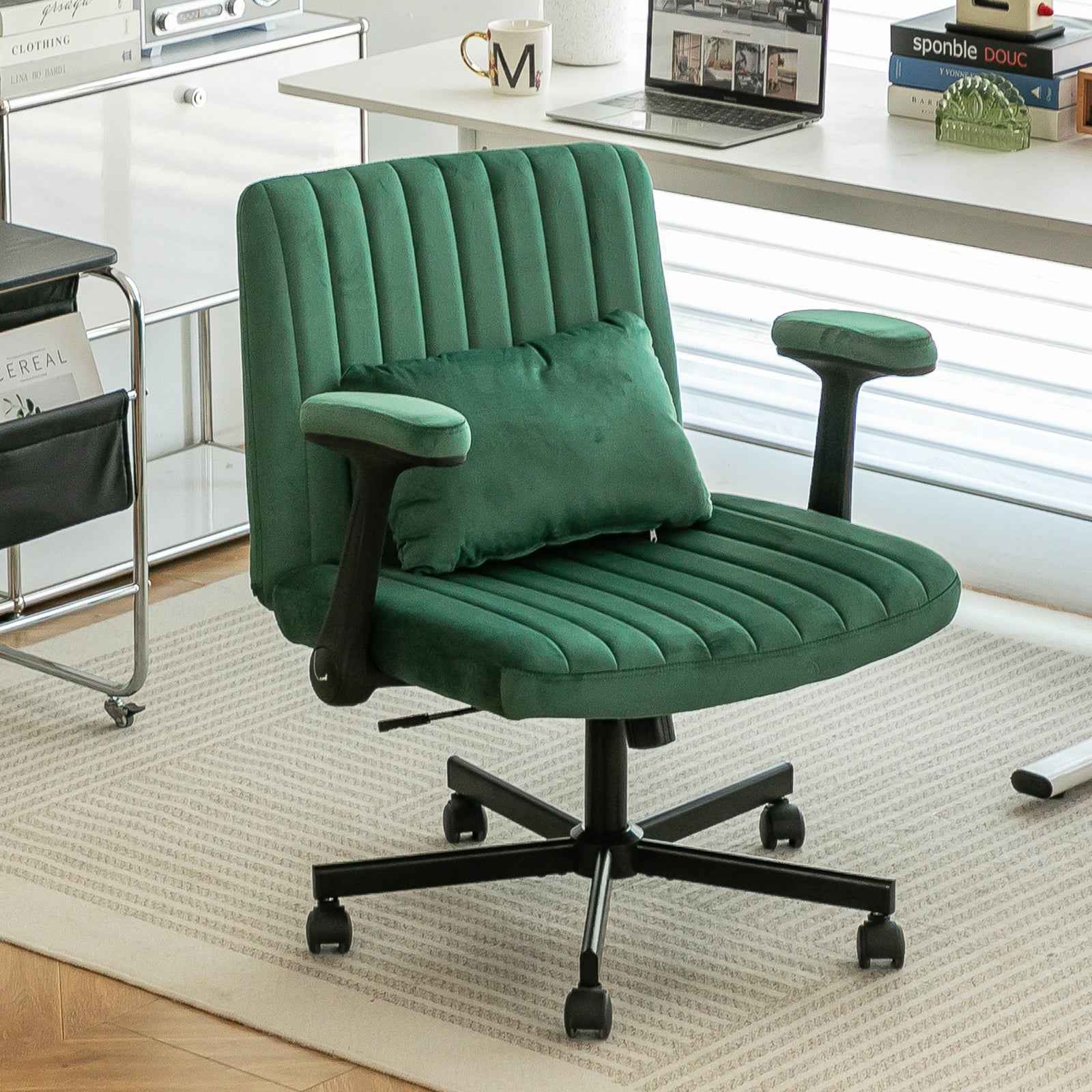 Green Velvet Criss Cross Armrest Office Chair with Wheels - Modern for Home Office, Meditation & Creative Work