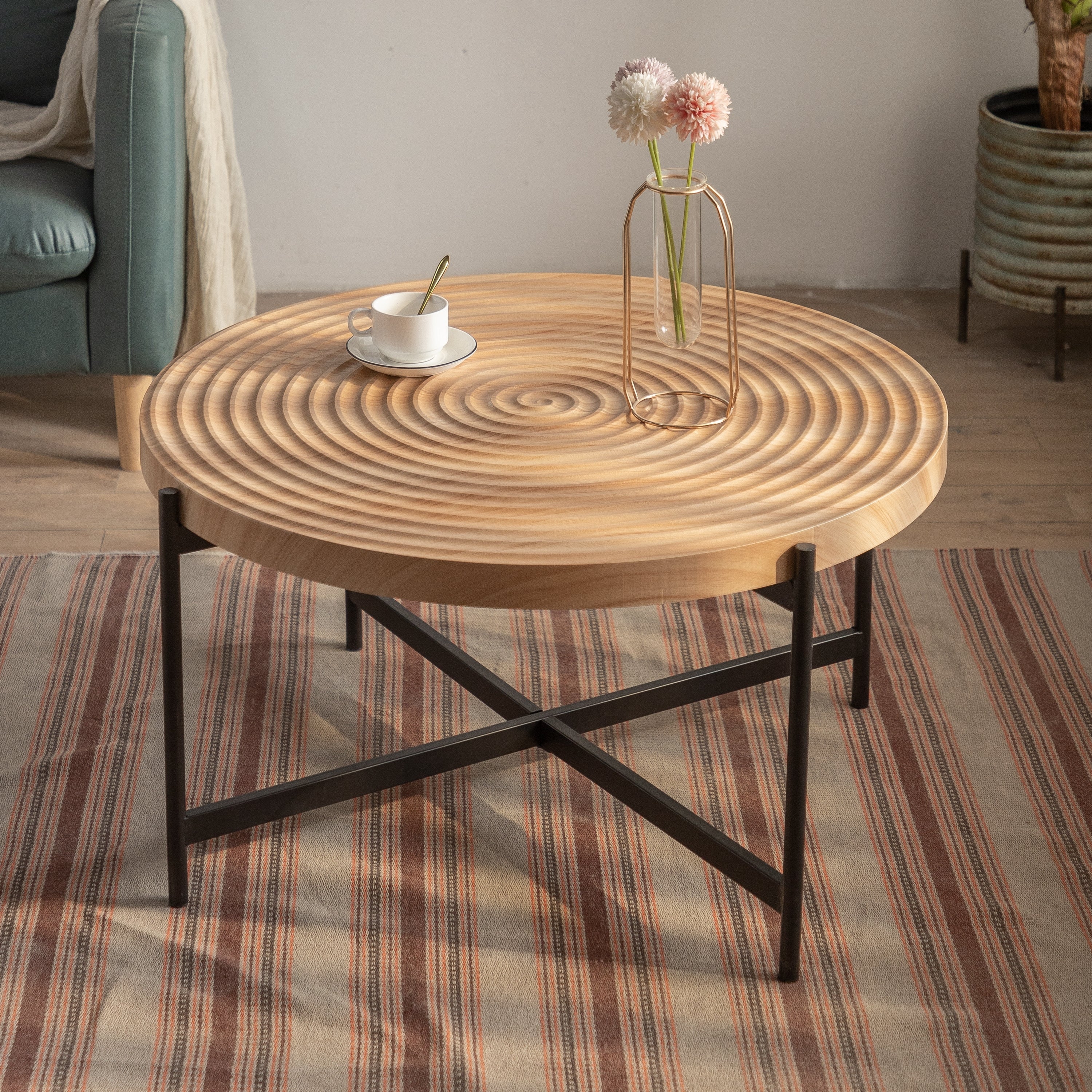 33"Modern Thread Design Round Coffee Table ,  MDF  Table Top with Cross Legs Metal Base