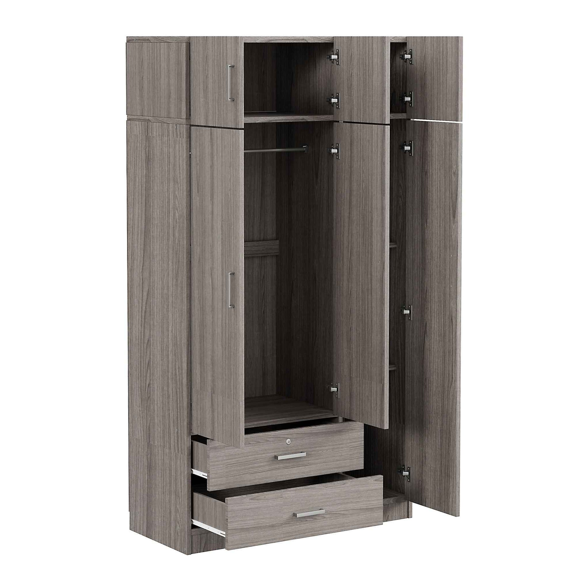 3-Door Mirror  Wardrobe with 2 Drawers and Top Cabinet,Gray