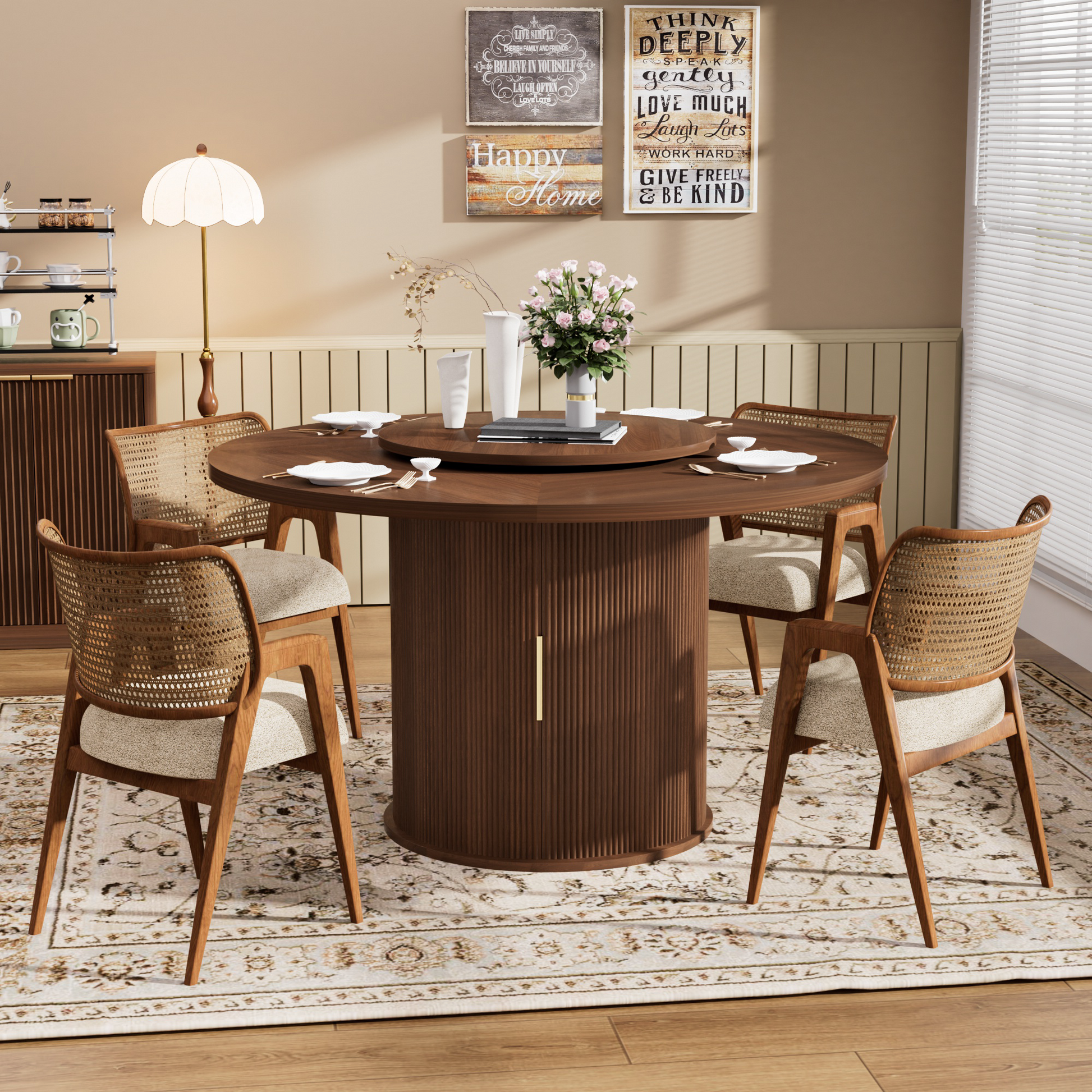 55-inch round dining table for six, featuring a double-tiered storage rack and a rotating tabletop tray. Wooden wavy-striped sliding doors. Ideal for home dining room living room (Walnut).