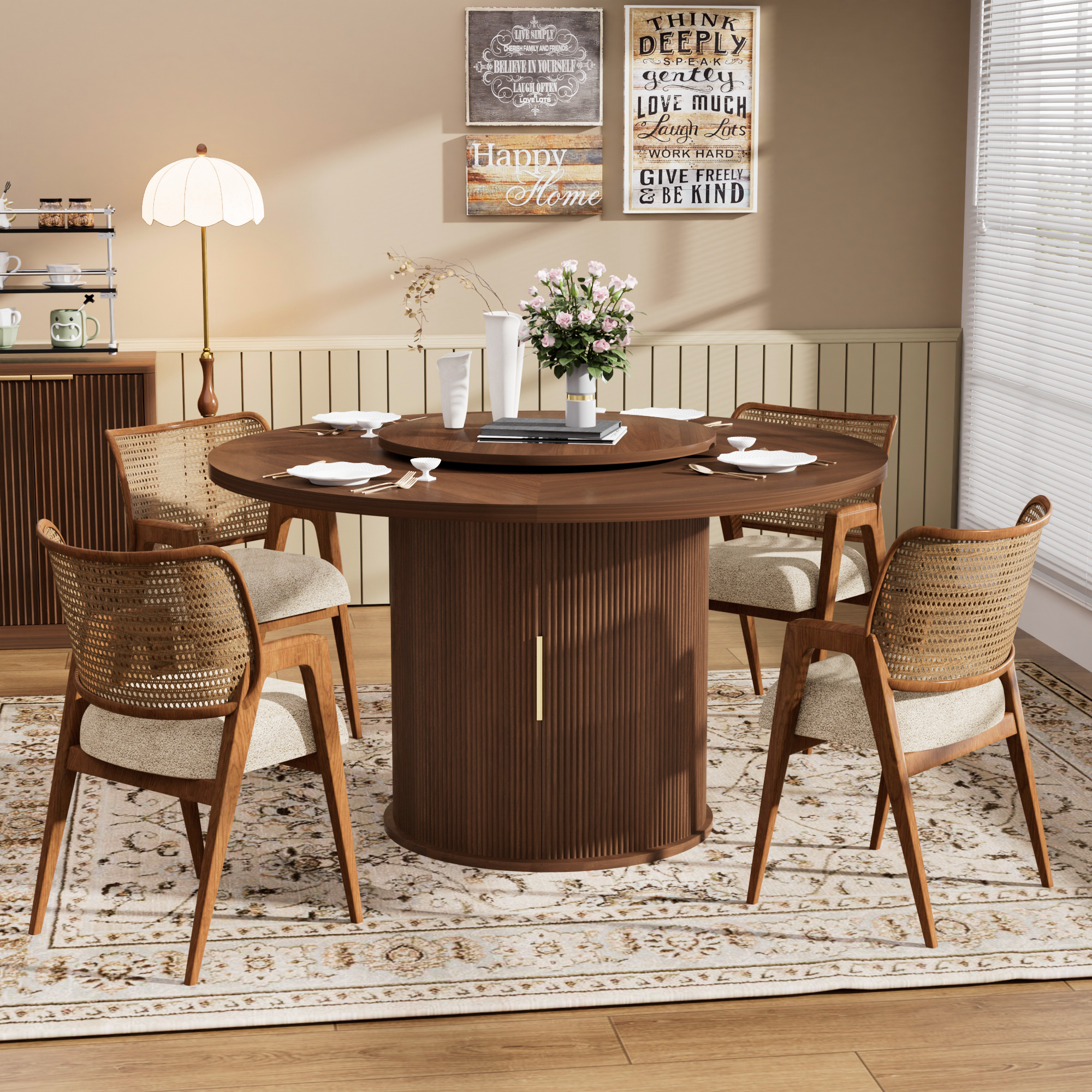 55-inch round dining table for six, featuring a double-tiered storage rack and a rotating tabletop tray. Wooden wavy-striped sliding doors. Ideal for home dining room living room (Walnut).