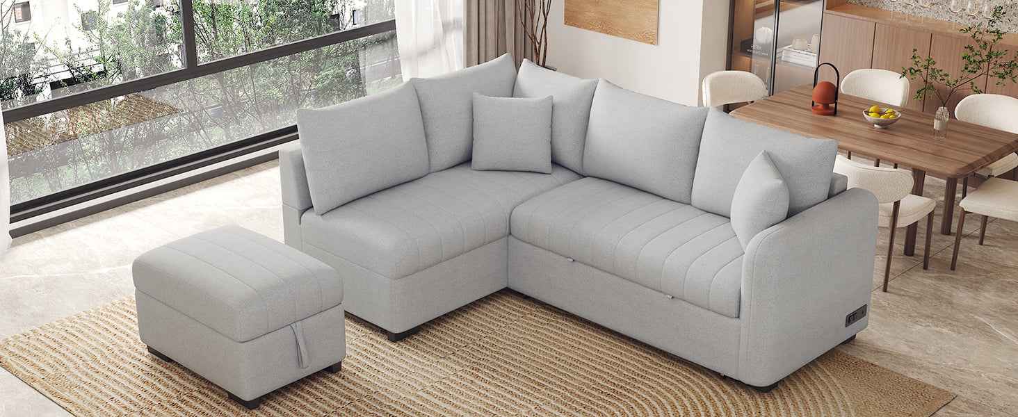 Modern L-shaped Sectional Pull Out Sofa Bed with USB Ports & Storage Ottoman, Gray Jacquard Fabric, 82.6'