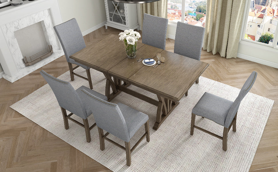 TOPMAX Mid-Century Solid Wood 7-Piece Dining Table Set Extendable Kitchen Table Set with Upholstered Chairs and 12" Leaf for 6, Golden Brown+Gray Cushion